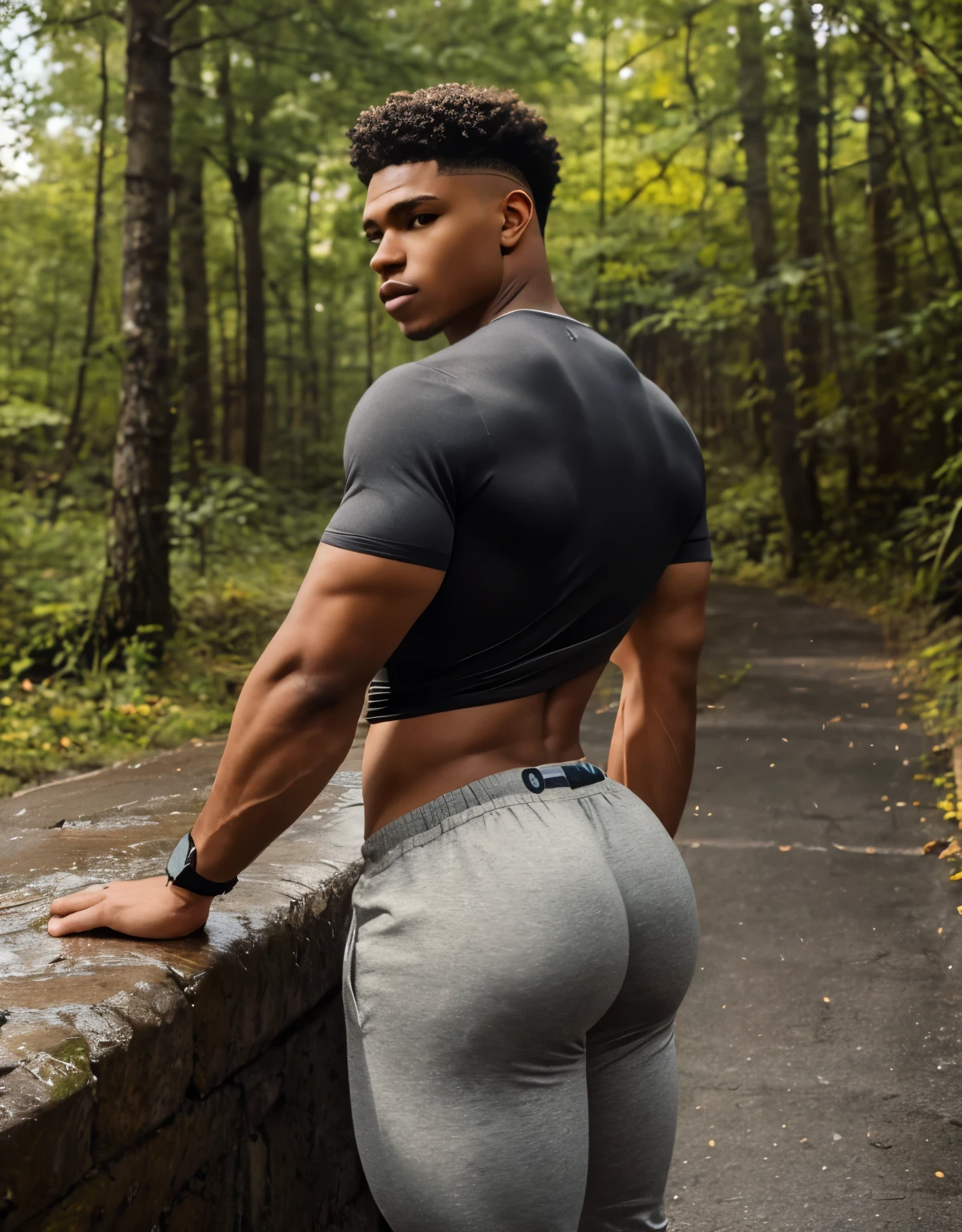 skinny black boy with big bubble butt, perfect realistic symmetrical face, 21 years old, curly hair, high detail, runner, full body, photography, homoerotic, perfect face, skinny, lean, 8k, realistic, ultra hd, realistic, vivid colors, highly detailed, perfect composition, beautifully detailed intricate insanely detailed, 8k artistic photography, soft natural volumetric cinematic perfect light, huge manly bubble butt, highly detailed and perfect face, realistic hands, grey sweatpants, tucked tshirt, from the side, marathon, outside
