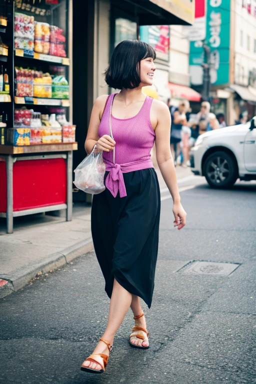 Louis XVI、fat abdomen、walking unsteadily、Smoking、Drunk、smile、Tank top、Steteko、crocs sandals、Holding a plastic bag from a convenience store、Holding a beer bottle、Downtown of Katsushika Ward、A drunk middle-aged man collapses、A middle-aged woman with heavy makeup is walking