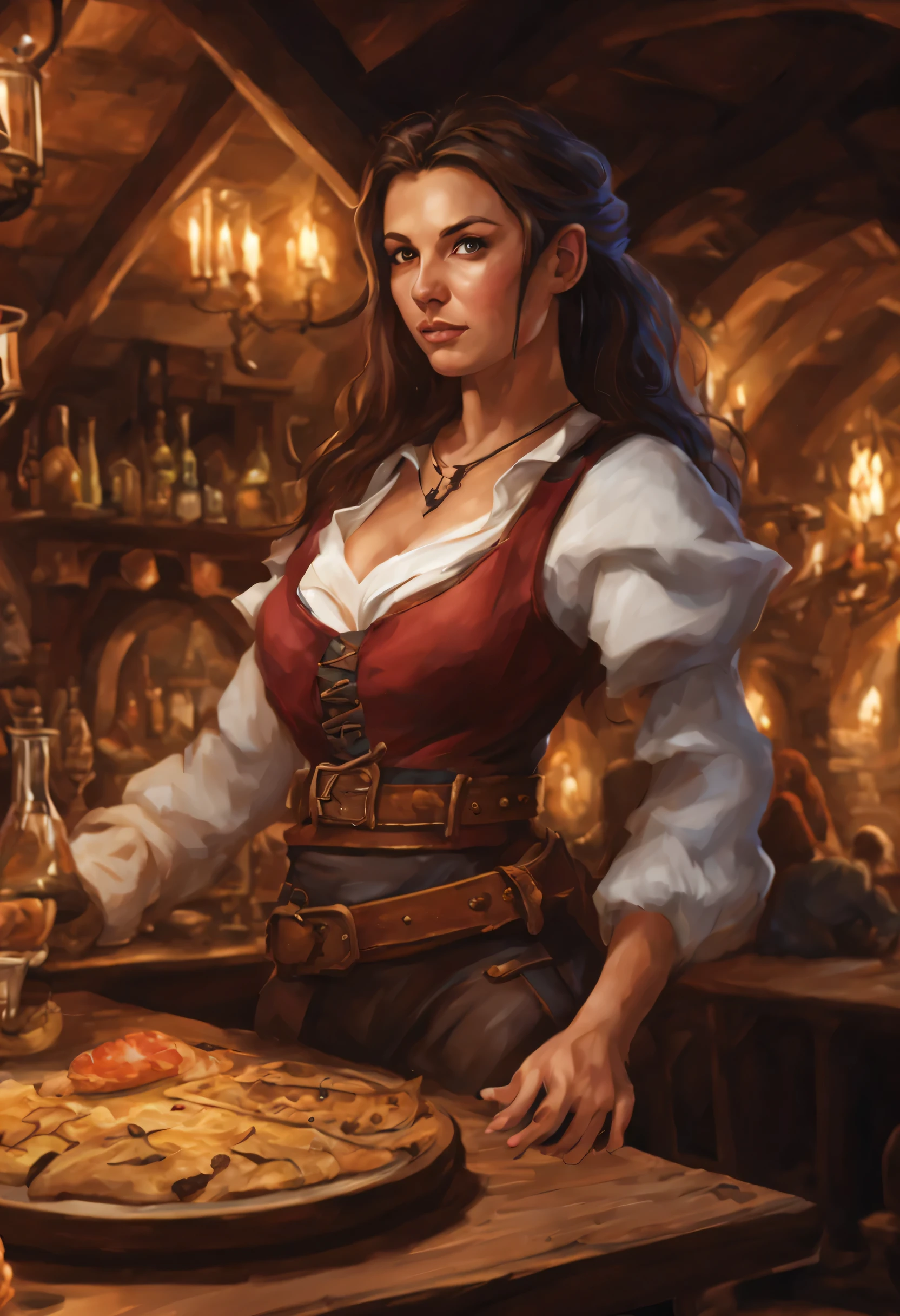 Mulher, very tight waitress clothes, roupas apertando seus seios grandes, cintura fina, trabalhando na taberna, (Dungeons and Dragons), (Middle-earth), (Baldur Gate), (RPG), 8K High Definition