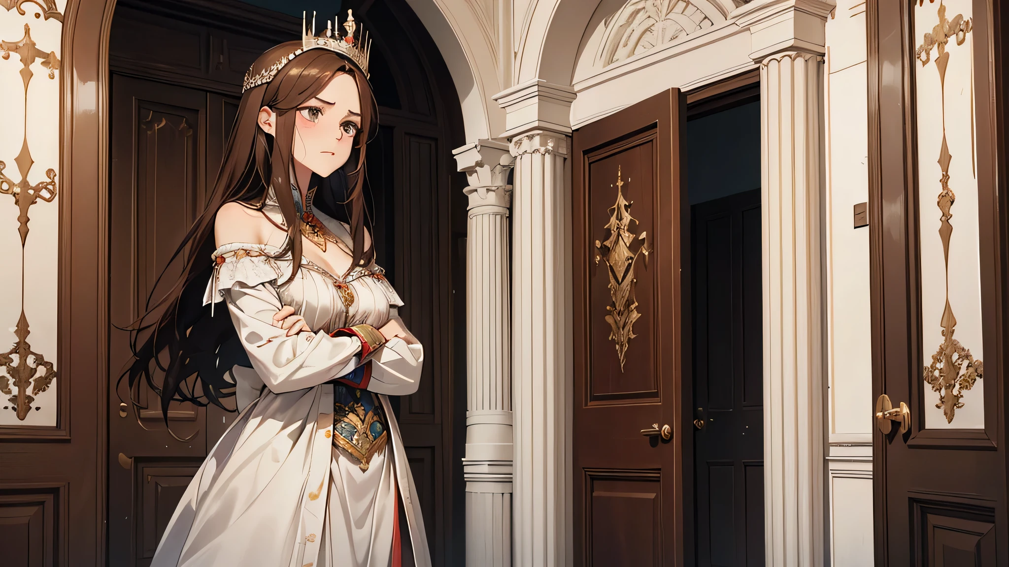 A 15 years old woman,brunette color hair,Of the Skin extremely white porcelain, Spanish, long on shoulders black and smooth, fringe of Amazonian India, crown of princess, thick brown hair, Wrinkles,Panicked expression,Serious expressions,grieves,weeping,Sad,haggard,Crossed arms,full bodyesbian,Faraway view,Outside the door of the room, Valeria starting to feel her patience running out and call her dad silently. When Valeria interrupted the man’s speech, she turned towards the doors and extended her right hand.
