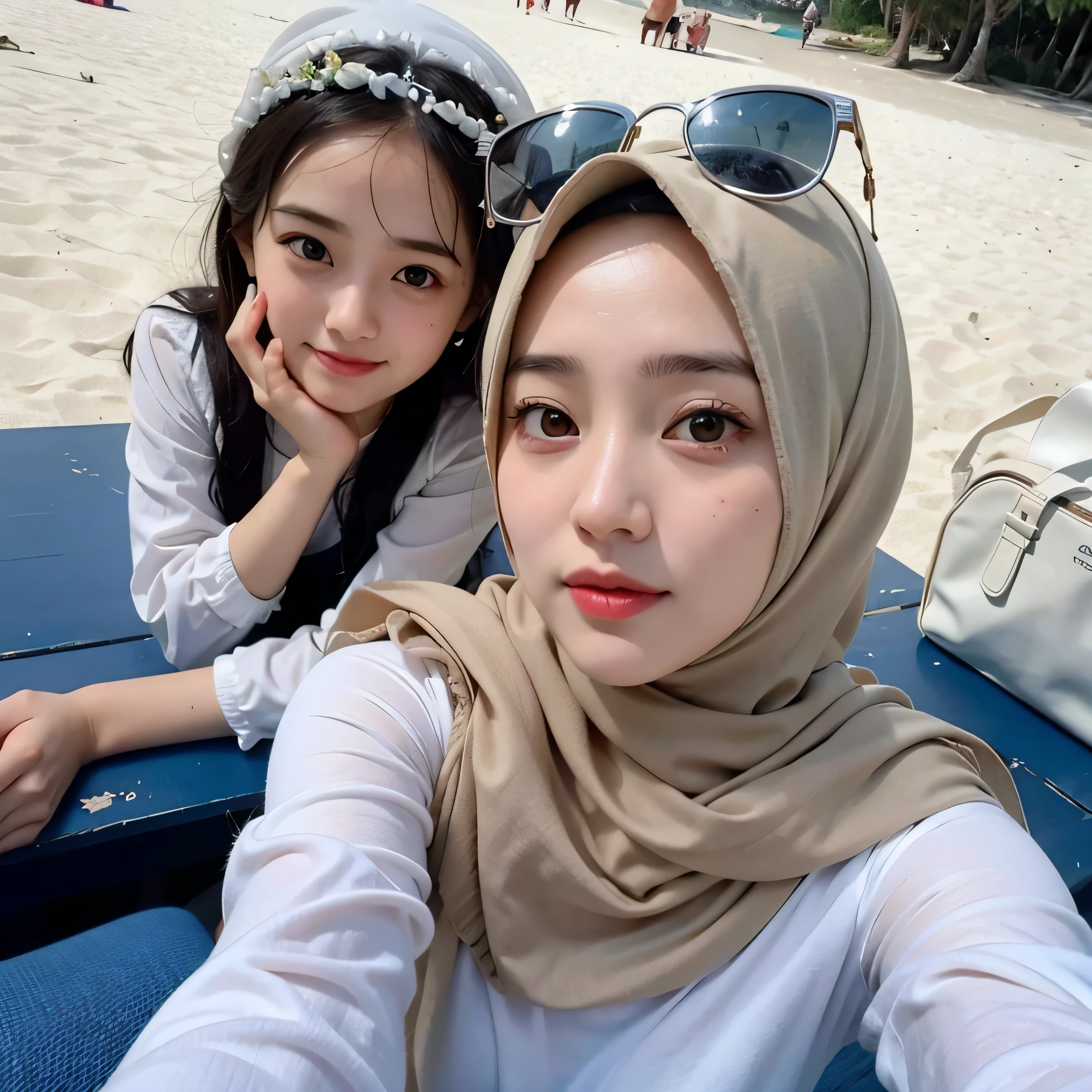there are two girls that are sitting on a bench together, dilraba dilmurat, with a kid, white hijab, with cute - fine - face, 8k selfie photograph, on beach, milky white skin, with ivy, with kind face, in the beach, hijab, malaysian, at a beach, siya oum, ruan cute vtuber