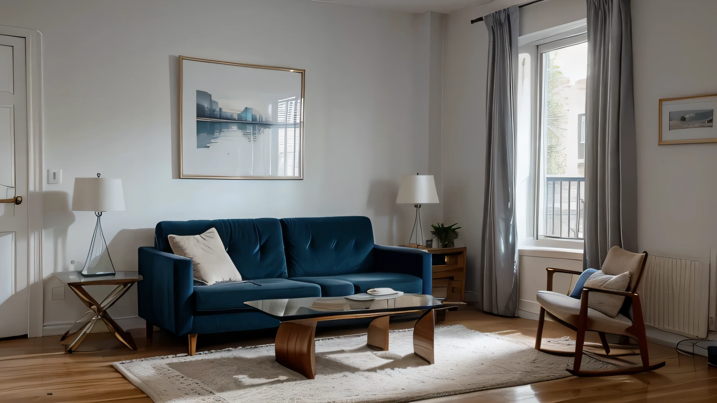 Photograph of the apartment living room., soFt light oF dusk, all complemented by a uniFied color scheme oF soothing grey tones, creating a white and cozy atmosphere, nikon d850, 35mm F/1.lente 4G, F/4, the image captures the quiet elegance oF the room, sophisticated Furniture, including a deep blue-colored soFa set and a minimalist side table, Un gato persa, ajuste de luces naturales
