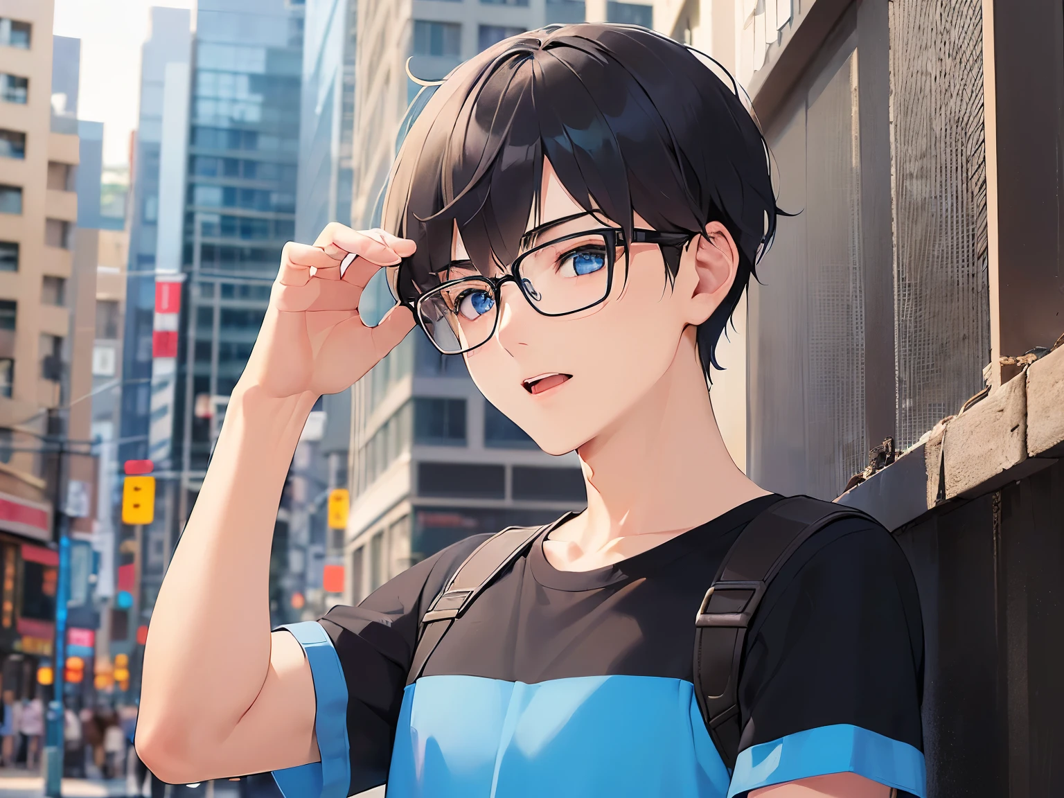 (plastic frame eyewear:1.1), masterpiece、high quality、(25 year old man with short black hair and blue eyes:1.5), hair over eyes, (Wearing a blue T-shirt:1.5)、(Alone:1.5)、confused , open mouth, (Only the upper body is shown.:1.3)、The background is a blurred night city、building、bold composition、