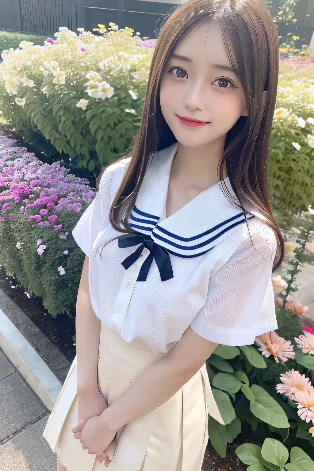 pieces fly、masterpiece、highest quality、Super detailed、High resolution、High resolution、8K portrait、unity 8k wallpaper、Detailed CG、unity 8k wallpaper、Detailed CGユニティ8kの壁紙、realistic、real person、portrait photography、shiny skin、（25 years old:1.2）、High resolution、beautiful clear eyes、very detailed explanation、delicate face、nice lips、thin waist、thin legs、1 girl、(garden:1.3)、(shirt, serafuku, crew_collar, alone, white shirt, school uniform, pleated skirt, collared shirt)、(big smile:1.2)、(stop temporarily:1.2)、(flat chest:1.4)