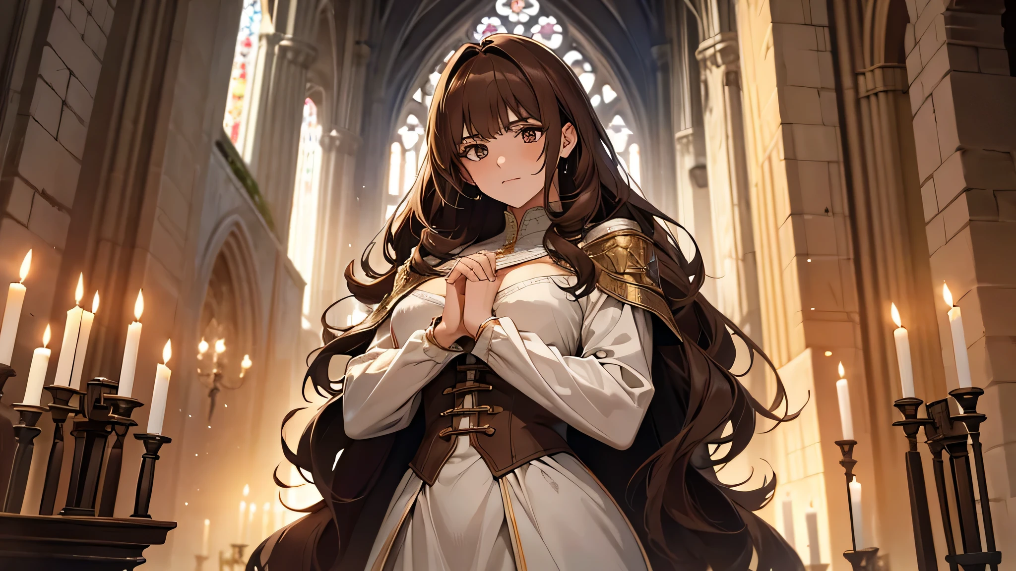 A beautiful woman athletic body, thick brown hair, in the position of gratitude, with her hands joined, with gaze lightly to the sky, in the background a beautiful medieval cathedral, with some candles and candles, ultra detailed image, altissima resolution, 8k, Don’t forget that Our noble father is no more than a mere guardian, she said it firmly. Making sure that her decision is already final