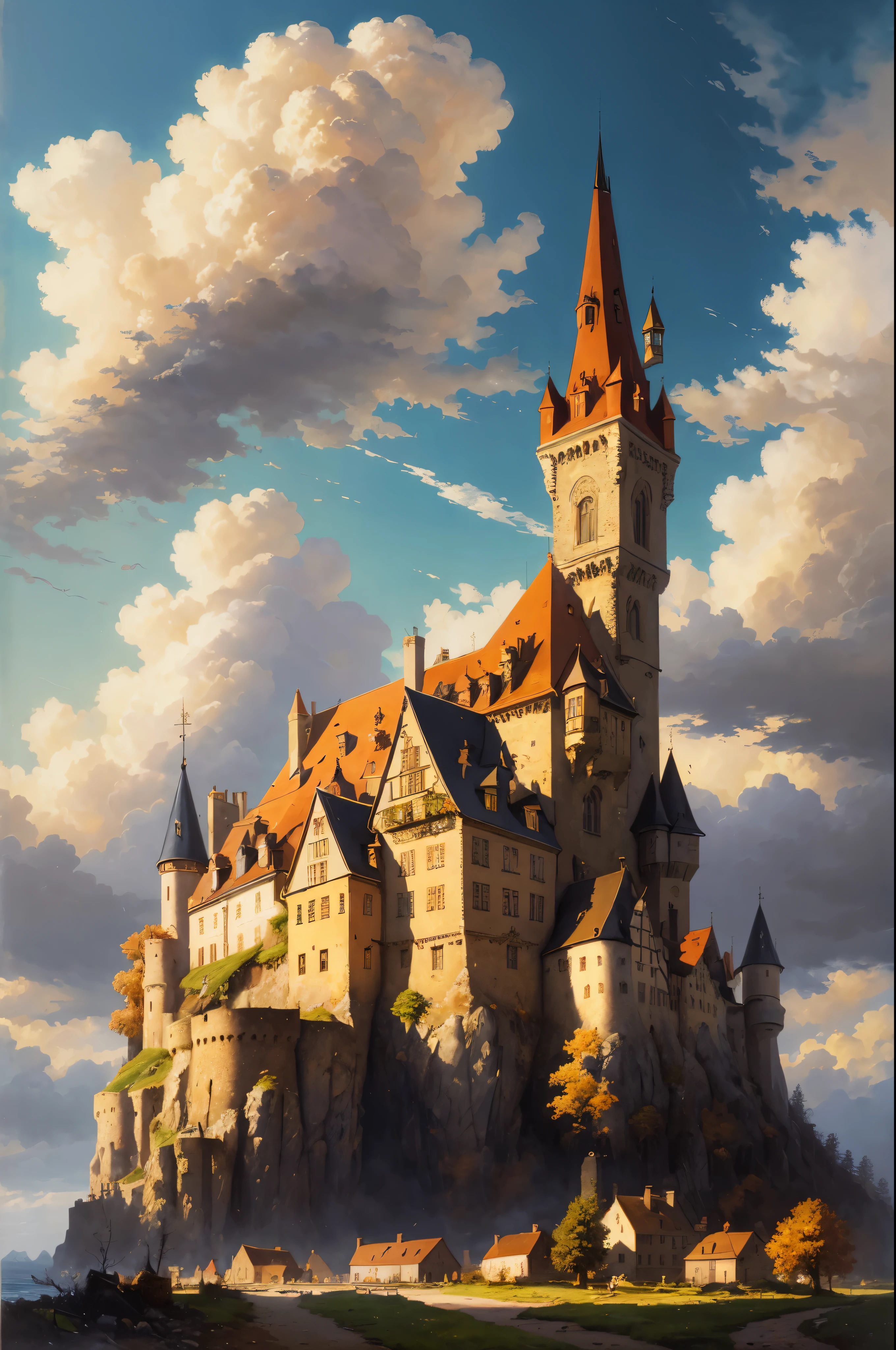 dreamlikeart absurdres highres masterpiece best quality Alois Arnegger Antoine Blanchard town castle forest sea sky clouds