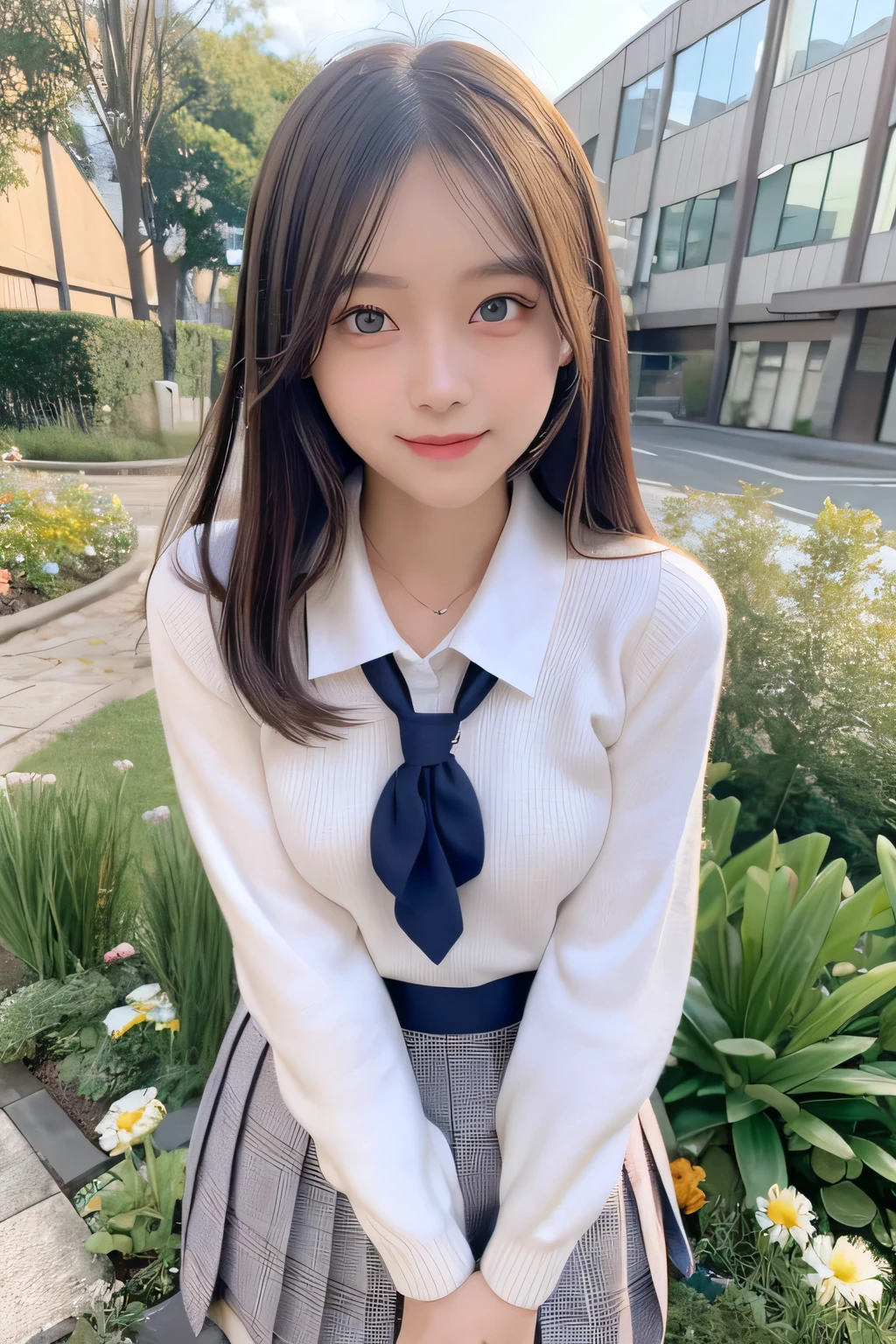 pieces fly、masterpiece、highest quality、Super detailed、High resolution、High resolution、8K portrait、unity 8k wallpaper、Detailed CG、unity 8k wallpaper、Detailed CGユニティ8kの壁紙、realistic、real person、portrait photography、shiny skin、(25 years old:1.2)、High resolution、beautiful clear eyes、very detailed explanation、delicate face、nice lips、thin waist、thin legs、1 girl、(garden:1.3)、(school uniform:1.4)、(sweater:1.2)、(pleated skirt:1.3)、(big smile:1.2)、(stop temporarily:1.2)、(small breasts:1.2)