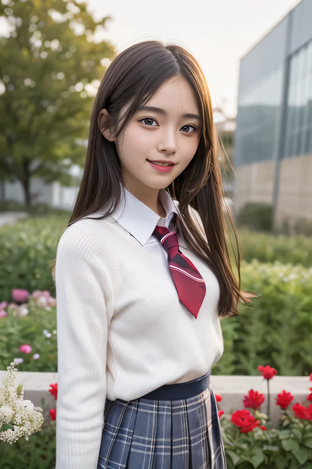 pieces fly、masterpiece、highest quality、Super detailed、High resolution、High resolution、8K portrait、unity 8k wallpaper、Detailed CG、unity 8k wallpaper、Detailed CGユニティ8kの壁紙、realistic、real person、portrait photography、shiny skin、(25 years old:1.2)、High resolution、beautiful clear eyes、very detailed explanation、delicate face、nice lips、thin waist、thin legs、1 girl、(garden:1.3)、(school uniform:1.4)、(sweater:1.2)、(pleated skirt:1.3)、(big smile:1.2)、(stop temporarily:1.2)、(small breasts:1.4)