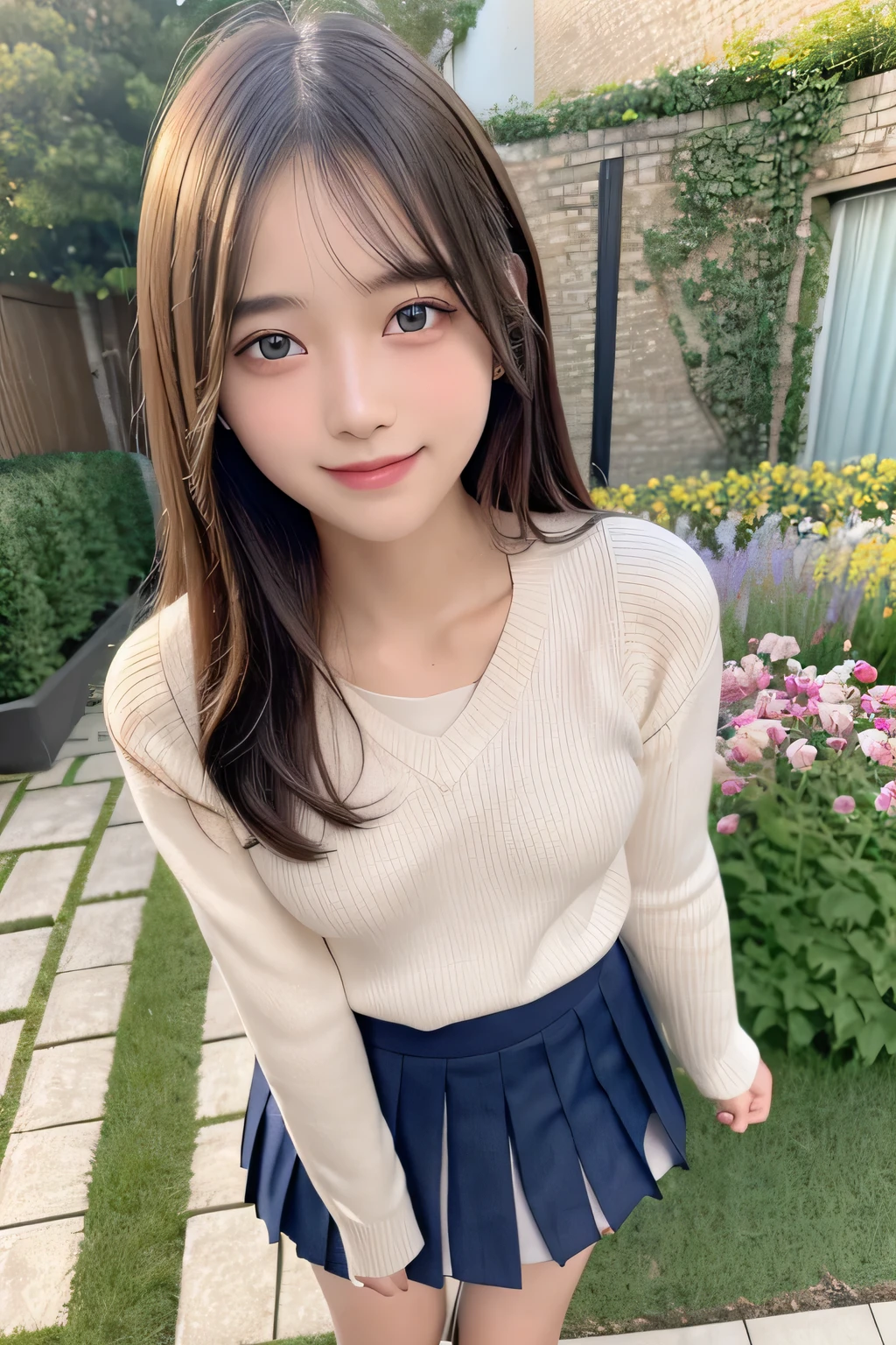 pieces fly、masterpiece、highest quality、Super detailed、High resolution、High resolution、8K portrait、unity 8k wallpaper、Detailed CG、unity 8k wallpaper、Detailed CGユニティ8kの壁紙、realistic、real person、portrait photography、shiny skin、(25 years old:1.2)、High resolution、beautiful clear eyes、very detailed explanation、delicate face、nice lips、thin waist、thin legs、1 girl、(garden:1.3)、(school uniform:1.4)、(sweater:1.2)、(pleated skirt:1.3)、(big smile:1.2)、(stop temporarily:1.2)、(small breasts:1.4)