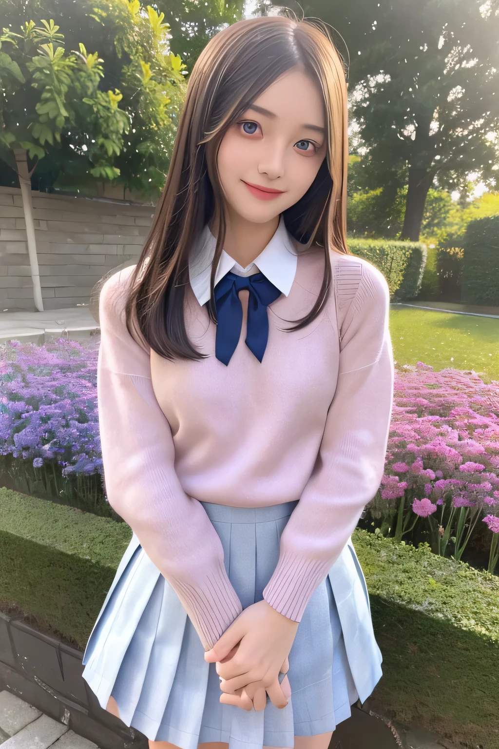 pieces fly、masterpiece、highest quality、Super detailed、High resolution、High resolution、8K portrait、unity 8k wallpaper、Detailed CG、unity 8k wallpaper、Detailed CGユニティ8kの壁紙、realistic、real person、portrait photography、shiny skin、（25 years old:1.2）、High resolution、beautiful clear eyes、very detailed explanation、delicate face、nice lips、thin waist、thin legs、1 girl、(garden:1.3)、(school uniform:1.4)、(sweater:1.2)、(pleated skirt:1.3)、(big smile:1.2)、(stop temporarily:1.2)、(small breasts:1.4)