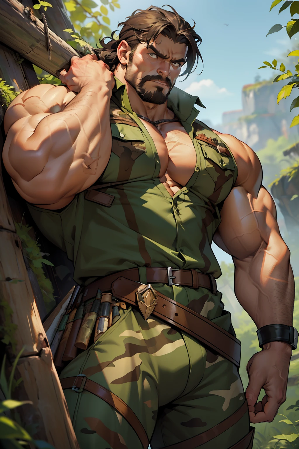 (Masterpiece, High Definition: 4k, 8k, Best Quality), Kraven the Hunter, muscular giant, flexing, massive biceps, bulging muscles, green and brown camouflage outfit, prominent veins, fierce hunting stare, broad shoulders, waist belt with hunting tools.