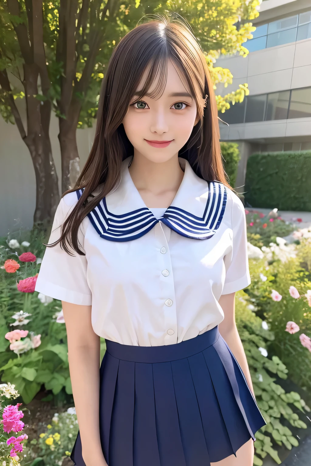 pieces fly、masterpiece、highest quality、Super detailed、High resolution、High resolution、8K portrait、unity 8k wallpaper、Detailed CG、unity 8k wallpaper、Detailed CGユニティ8kの壁紙、realistic、real person、portrait photography、shiny skin、(25 years old:1.2)、High resolution、beautiful clear eyes、very detailed explanation、delicate face、nice lips、thin waist、thin legs、1 girl、(garden:1.3)、(shirt, serafuku, crew_collar, school uniform, pleated skirt)、(big smile:1.2)、(stop temporarily:1.2)、(flat chest:1.4)