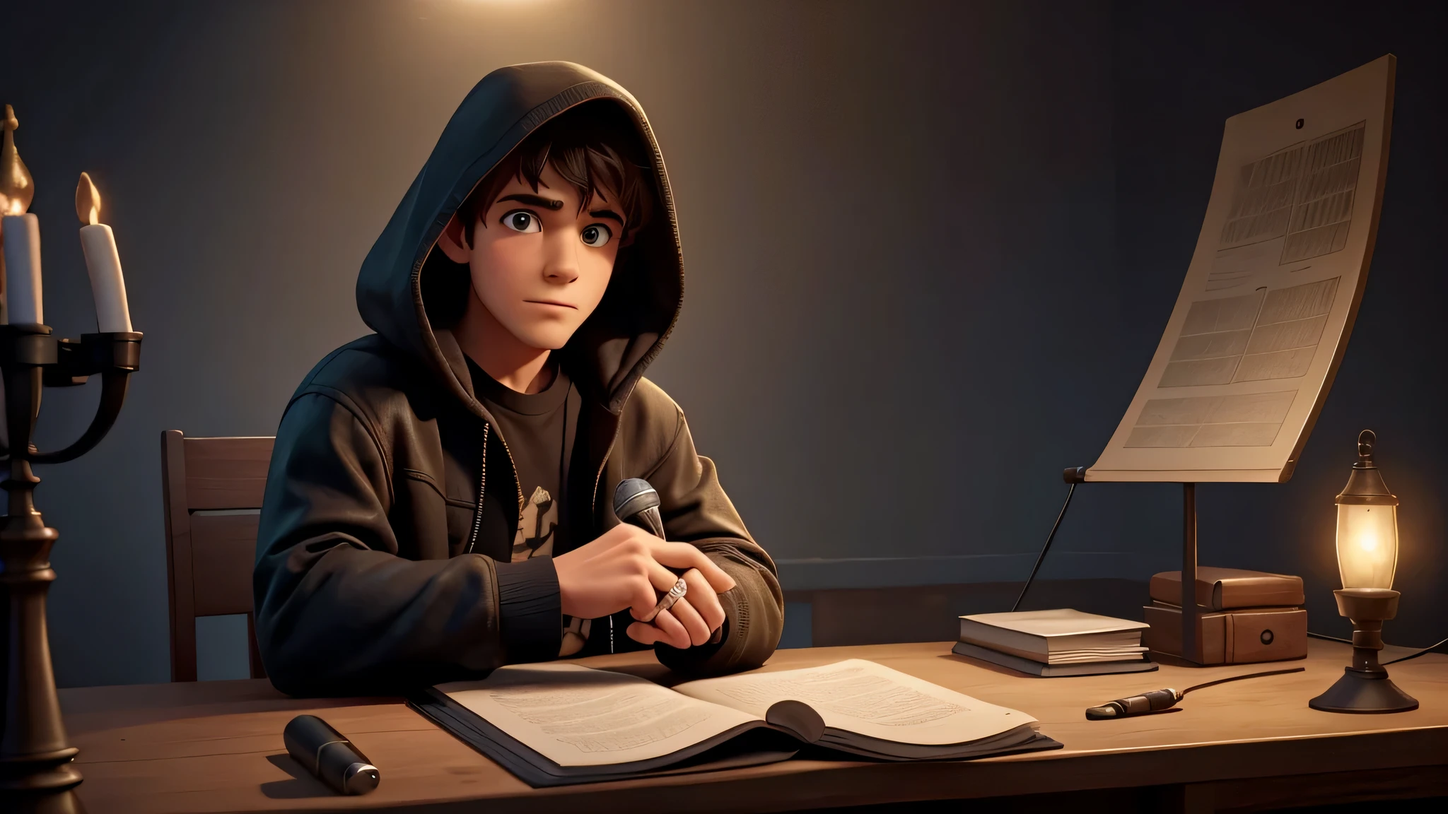 a storyteller, he is sitting in a setup with a microphone on the setup table, he is wearing a hooded jacket, is anxious, He has a serious and enigmatic expression. The background is an enigmatic environment, of a typical storyteller mixed with investigation.