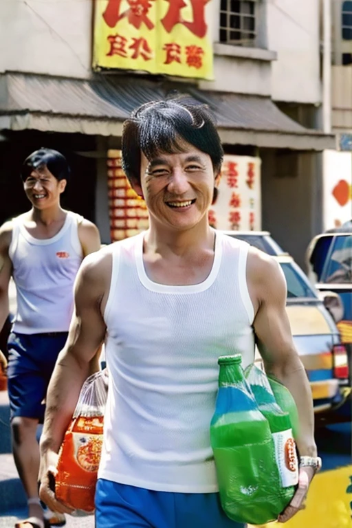 Jackie Chan、fat abdomen、walking unsteadily、Smoking、Drunk、smile、Tank top、Steteko、crocs sandals、Holding a plastic bag from a convenience store、Holding a beer bottle、daytime、Downtown of Katsushika Ward、Many people