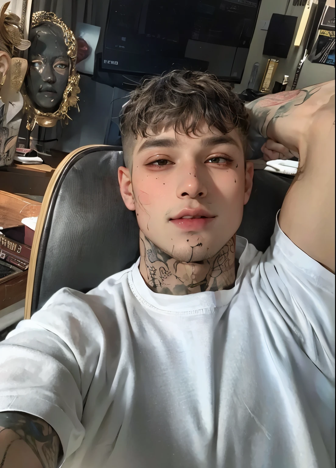 Man with a tattoo on his neck sitting on a chair, estilo de seb mckinnon, com tatuagens, inspirado em Kim Taehyung, rosto perfeito e garoto, rosto masculino, headshot imagem de perfilture, ele tem cabelo preto curto e encaracolado, Asian, neck tattoos, parecido com Kim Taehyung do bts, rosto perfeito masculino, maxilar e queixo definido, droopy look 