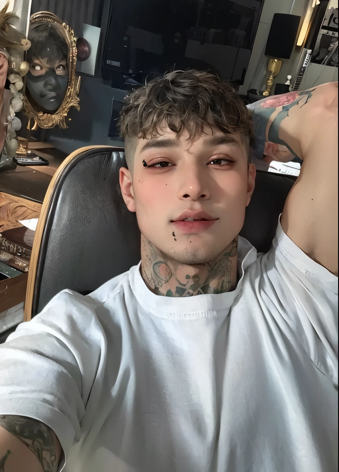 Man with a tattoo on his neck sitting on a chair, estilo de seb mckinnon, com tatuagens, inspirado em Kim Taehyung, rosto perfeito e garoto, rosto masculino, headshot imagem de perfilture, ele tem cabelo preto curto e encaracolado, Asian, neck tattoos, parecido com Kim Taehyung do bts, rosto perfeito masculino, maxilar e queixo definido, droopy look 