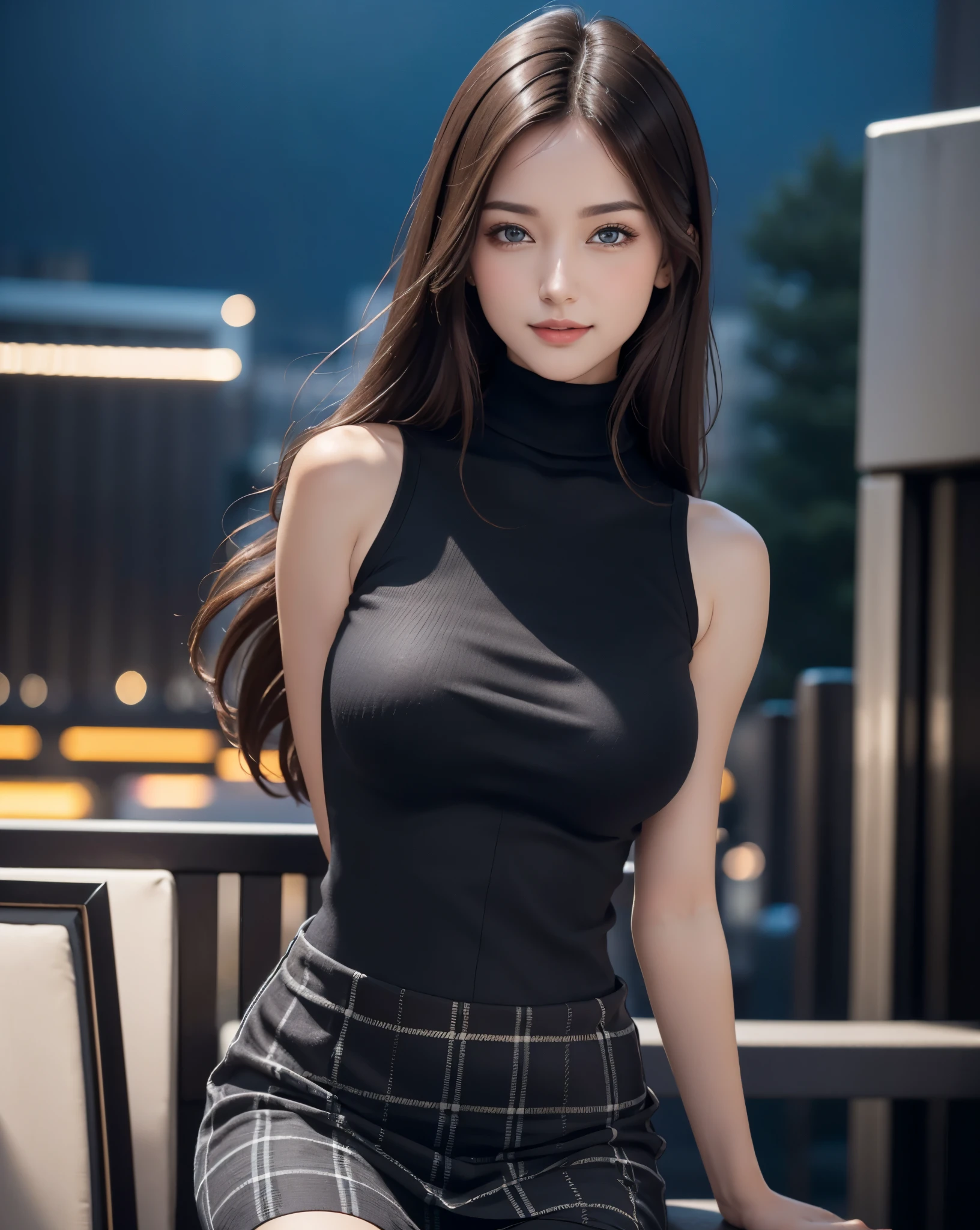 (1girl:1.3, solo), (Masterpiece, best quality, photorealistic, highres, photography, :1.3), ultra-detailed, sharp focus, professional photo, commercial photo, (upper body:1.3, bust-up portrait), BREAK, 1 brunette girl, solo, European girl, hot model, highly detailed eyes and pupils, realistic skin, (attractive body, medium-large breast:1.25), extremely detailed hair, delicate sexy face, sensual gaze, shiny lips, BREAK, ((wearing a black turtleneck sweater:1.3, sleeveless, lapped plaid-pattern-skirt)), (outdoor, night, at Madison Square Garden, blurry background, simple background, no human background:1.25), (standing, attractive posing, arms down, arms behind back), ((realistic, super realistic, realism, realistic detail)), perfect anatomy, perfect proportion, bokeh, depth of field, hyper sharp image, (attractive emotion, seductive smile, :d, ;p),