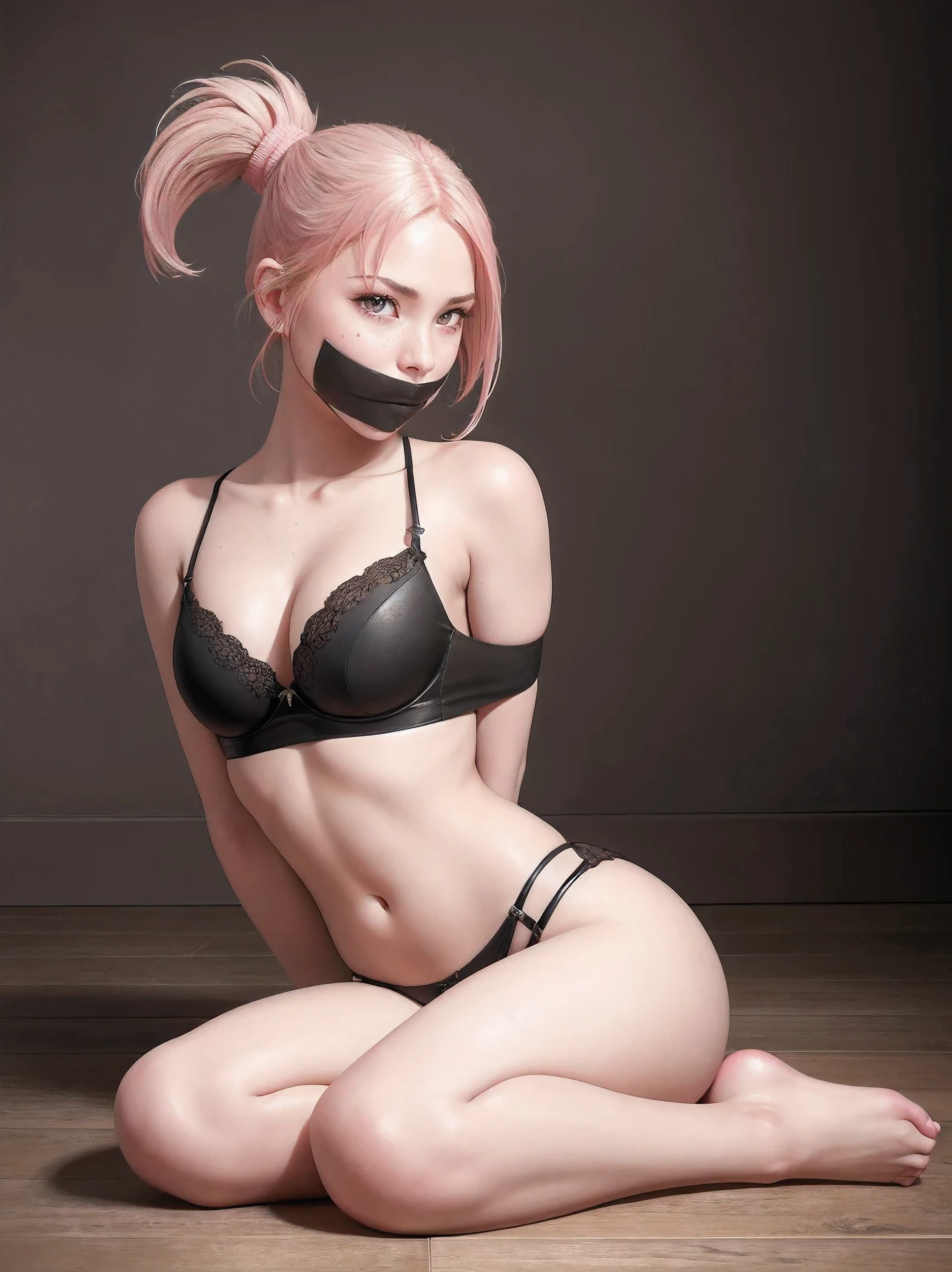 (whole body:1.5),beautiful detailed background, octane rendering, 8K, best quality, masterpiece, illustration, extremely delicate and beautiful, detailed,extremely detailed,CG,Unite,wallpaper,Astonishing, fine details, realistic art: 1.2 ,masterpiece, best quality, official art, extremely detailed CG Unite 8K wallpaper,1 girl, (((pink hair in ponytail))), wearing very tiny lingerie,sitting, hands tied behind back, mouth gagged, dark Knight, pale blue eyes, pretty symetrical face, oily wet shiny skin, tanned skin, freckles, thin waist, narrow hips, tight apple ass, large breasts, worried expression, Looking off to the side , Realistic photos, (hiqcgbody) ,perfect female figure, abandoned old building background