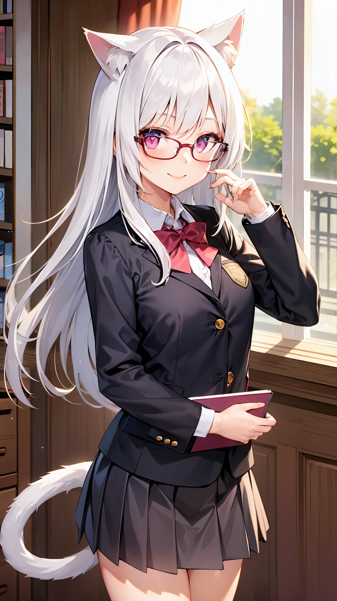cat girl, cat tail, cat ears, white hair, long hair, pink eyes, cute, smile, blush, wearing glasses, holding a book, school uniform, School library