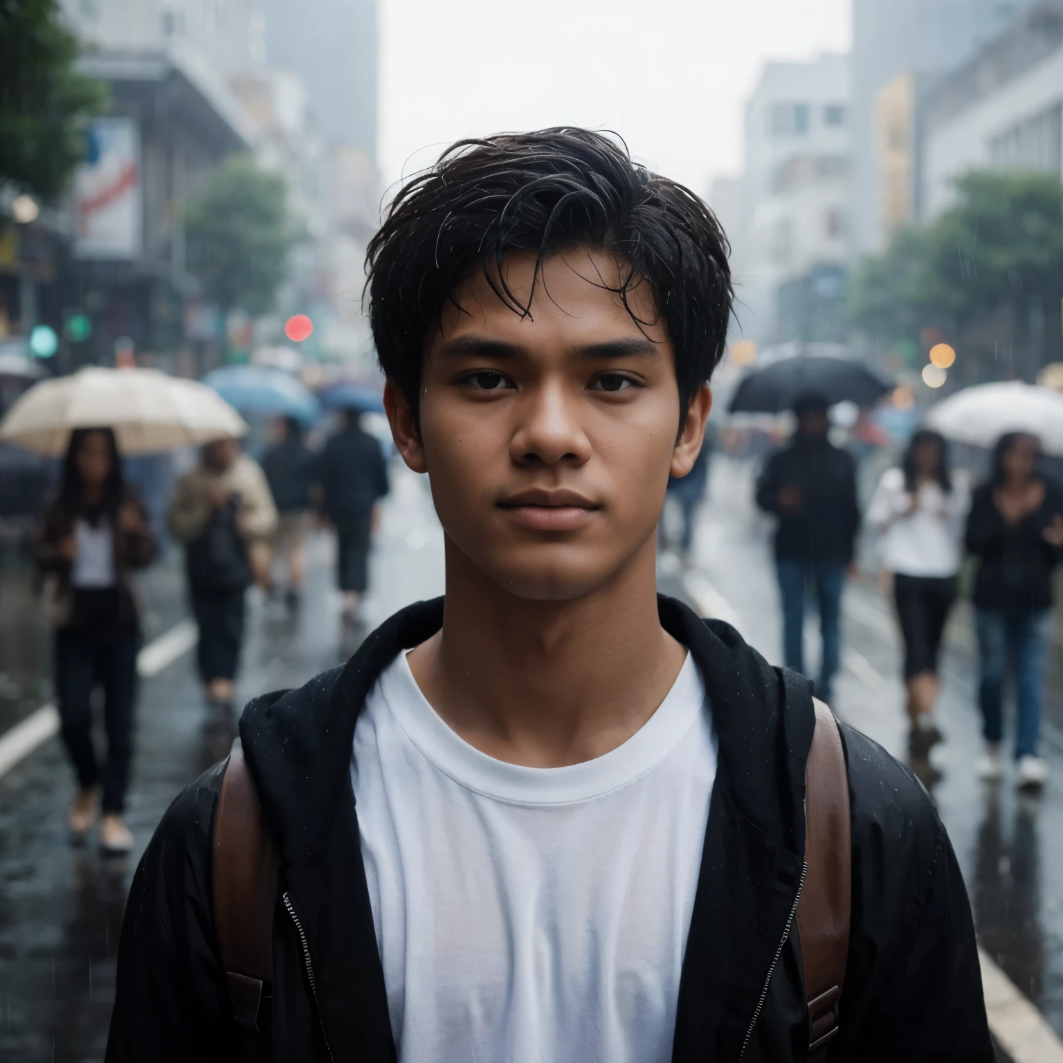 an 18 year old man from Indonesia wearing a white t-shirt, black jacket, brown skin, standing on the main road, people walking, heavy rain around him, very detailed texture, sharp eyes, realistic hair, hyperrealistic, very detailed,  this film was shot with the best cameras in the world, ultra HD, 16K, very realistic, photorealistic, a masterpiece.