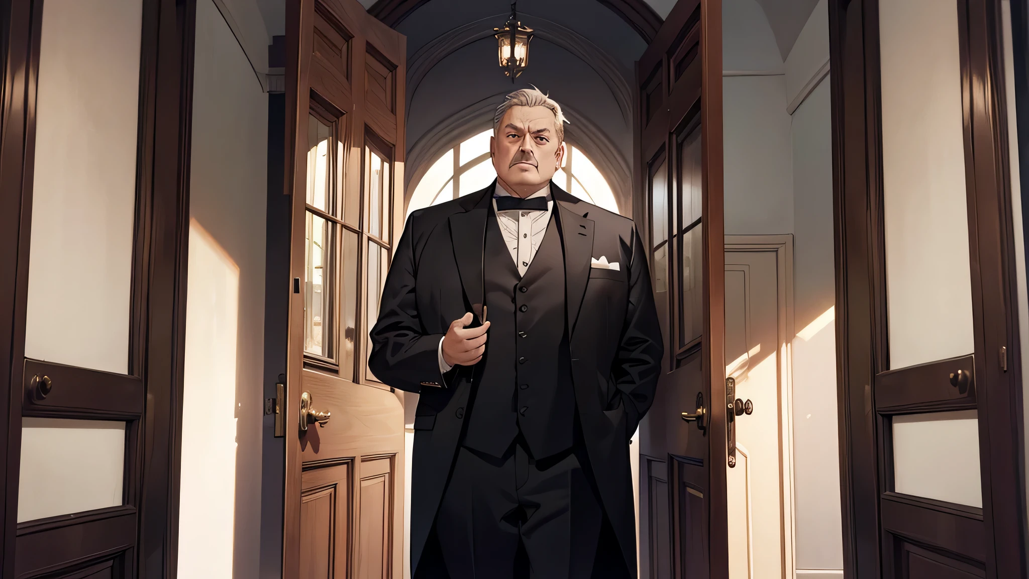 A wise middle aged man standing in front of a door, victorian castle, black suit, chubby man, shouting, angry expression, detailed face, Her father said that of course I’m aware of that but as your father, If you continue to talk verbosely any further he don’t know what to do. He just firmly said that.