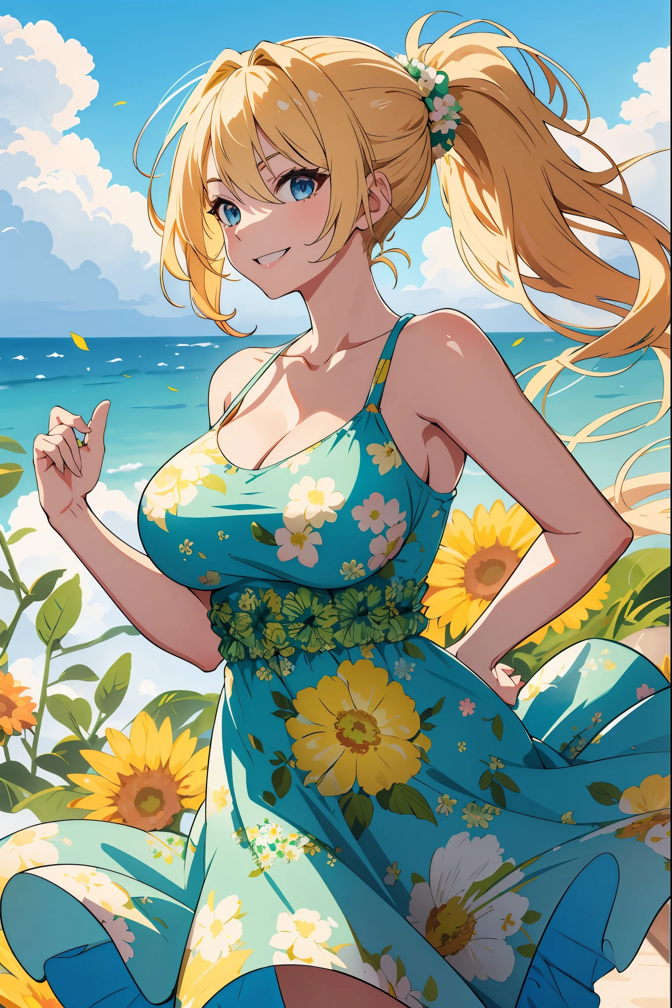 Masterpiece, Ultra High quality, bright colors, 4k, HDR, sharp focus, mature:1.4, 1Woman, windy blonde hair, high ponytail, raised eyebrows, smile, blue eyes, large breasts, (green floral print Sundress) , windy