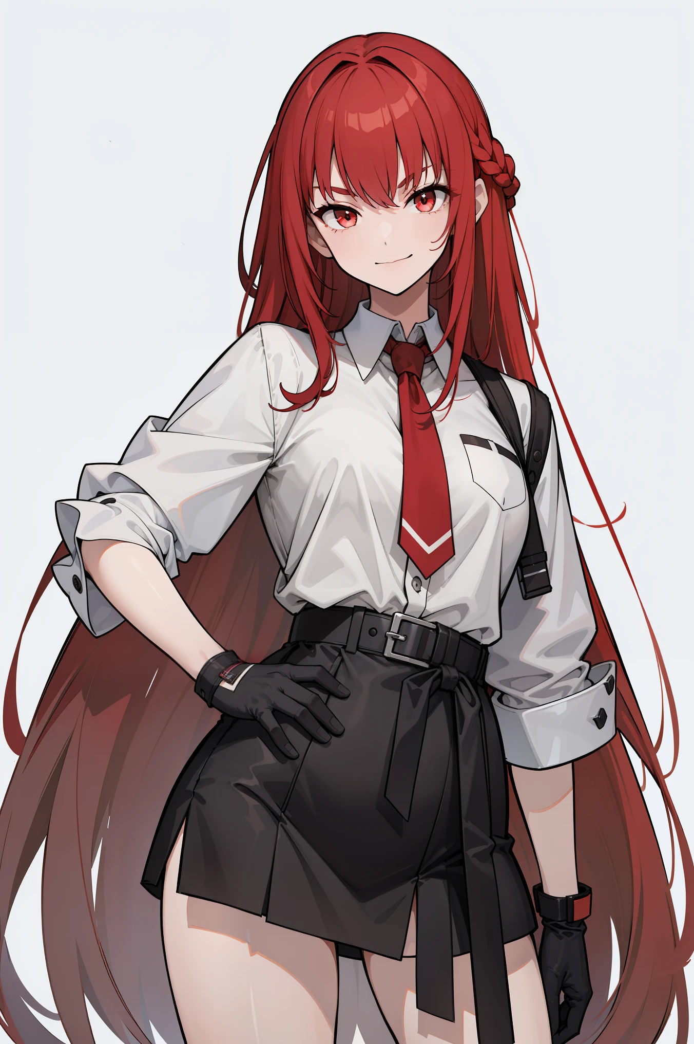 masterpiece, best quality, ultra high quality, high quality illustration, 1girl, solo, crimson red hair, very long hair, french braid, single sidelock, red eyes, glowing eyes, medium breasts, mature girl, smirk, evil smile, shaded face, evil face, mischievous, white collared shirt, wearing just a shirt, loose shirt, oversized shirt, bottomless, thighs, (gloves), looking at viewer, ((single hand on hip)), (glowing light), white background, simple background 