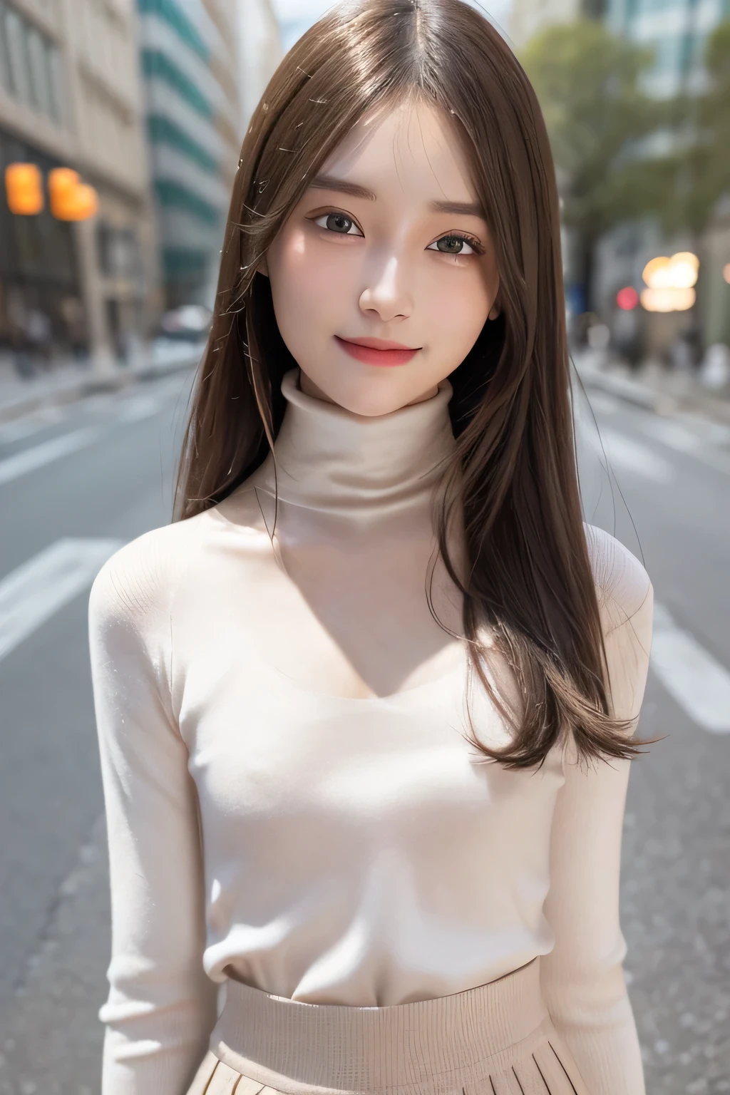 pieces fly、masterpiece、highest quality、Super detailed、High resolution、High resolution、8K portrait、unity 8k wallpaper、Detailed CG、unity 8k wallpaper、Detailed CGユニティ8kの壁紙、realistic、real person、portrait photography、shiny skin、(16 years old:1.2)、(cute:1.2)、High resolution、beautiful clear eyes、very detailed explanation、delicate face、nice lips、thin waist、thin legs、1 girl、(urban area:1.3)、(long sleeve turtleneck knit:1.3)、(flare skirt:1.3)、(big smile:1.3)、(stop temporarily:1.2)、((flat chest:1.6))