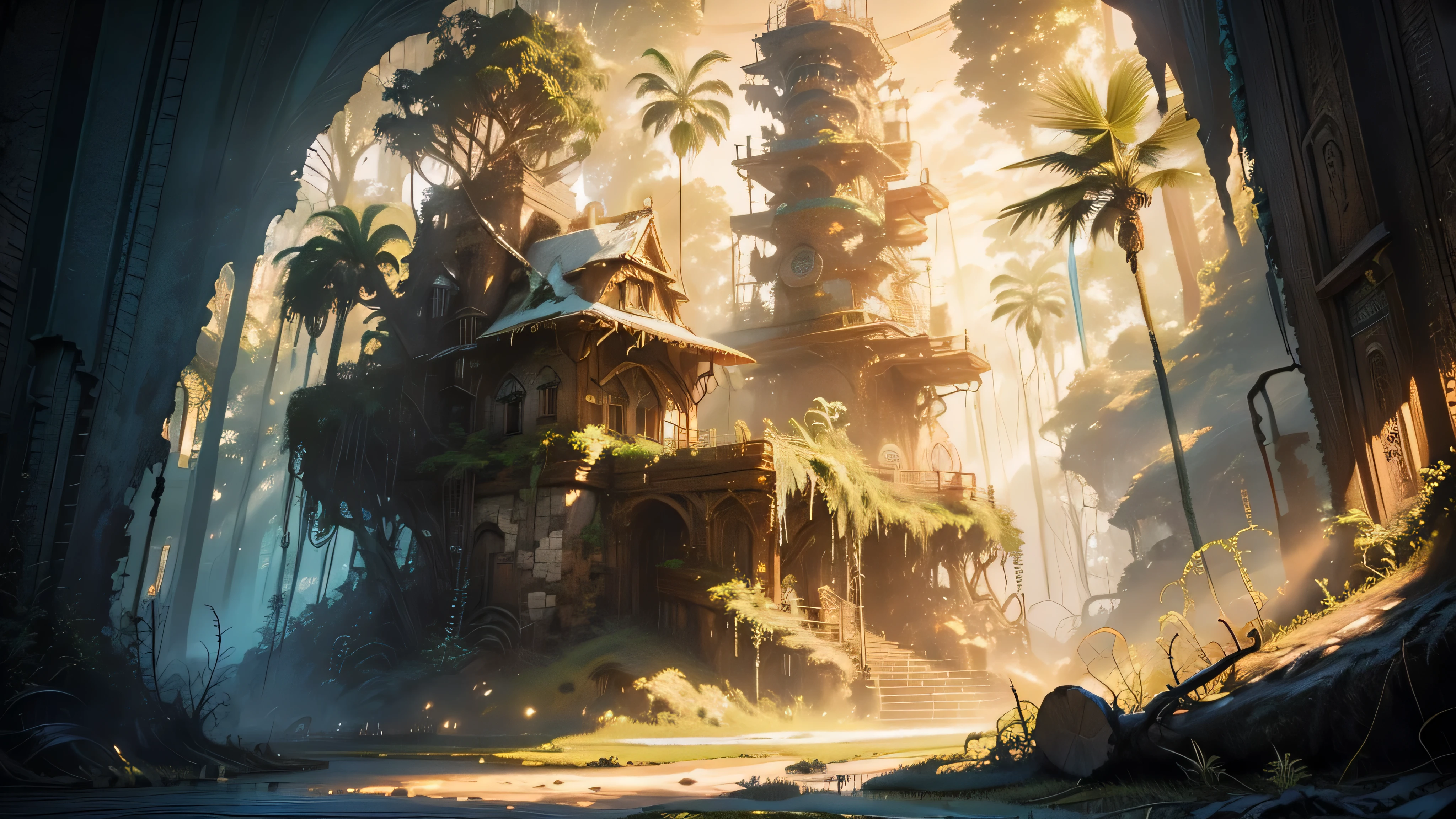 Gigantic colorful trees with many vines, Palmeiras, Coqueiro, fallen logs, a watermill with a waterwheel, moinho de vento, uma cachoeira exuberante, rio com grandes pedras hiper-realistas, sky with clouds, sol, Lua, global illumination, profundidade de campo, Efeito vidro quebrado, sem fundo, splendid, algo que nem existe, Being mythical, energia, molecular, Texturas, iridescente e luminescente, breathtaking beauty, pure perfection, Divine Presence, unforgettable, Impressionante, breathtaking beauty, volumetric light, auras, raios, cores vivas refletemlight, auras, raios, cores vivas refletem, aquarela, oil color, trends on artstation, sharp focus, studio photo, detalhes intrincados, altamente detalhado,