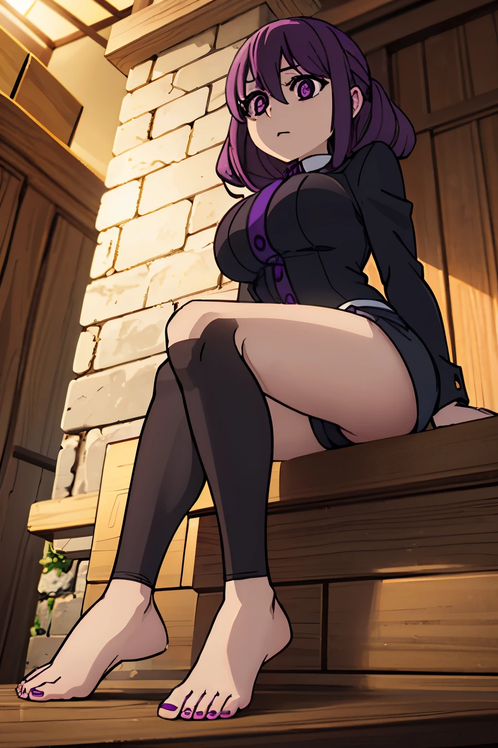 (Best shadow:1.1), Large breasts, Beautiful concept illustration, (Extremely fine and beautiful:1.1), (Perfect details:1.1), Masterpiece, Best quality, (Extremely detailed Cg Unity 8K wallpaper), attractive legs, barefoot, happy, (busty), (perky) (large ass) (bubble butt), AGGA_ST003, human_feet, (purple eyes:1.8), pink poison, messy hair, purple hair, low cut butten up shirt, tight shorts that show off ass, in one piece, pyradef, feet, toes, full body, sexy legs, large thighs, juicy thighs, hair between eyes, on a pirate ship, (fuuko) jacket, open jacket,
