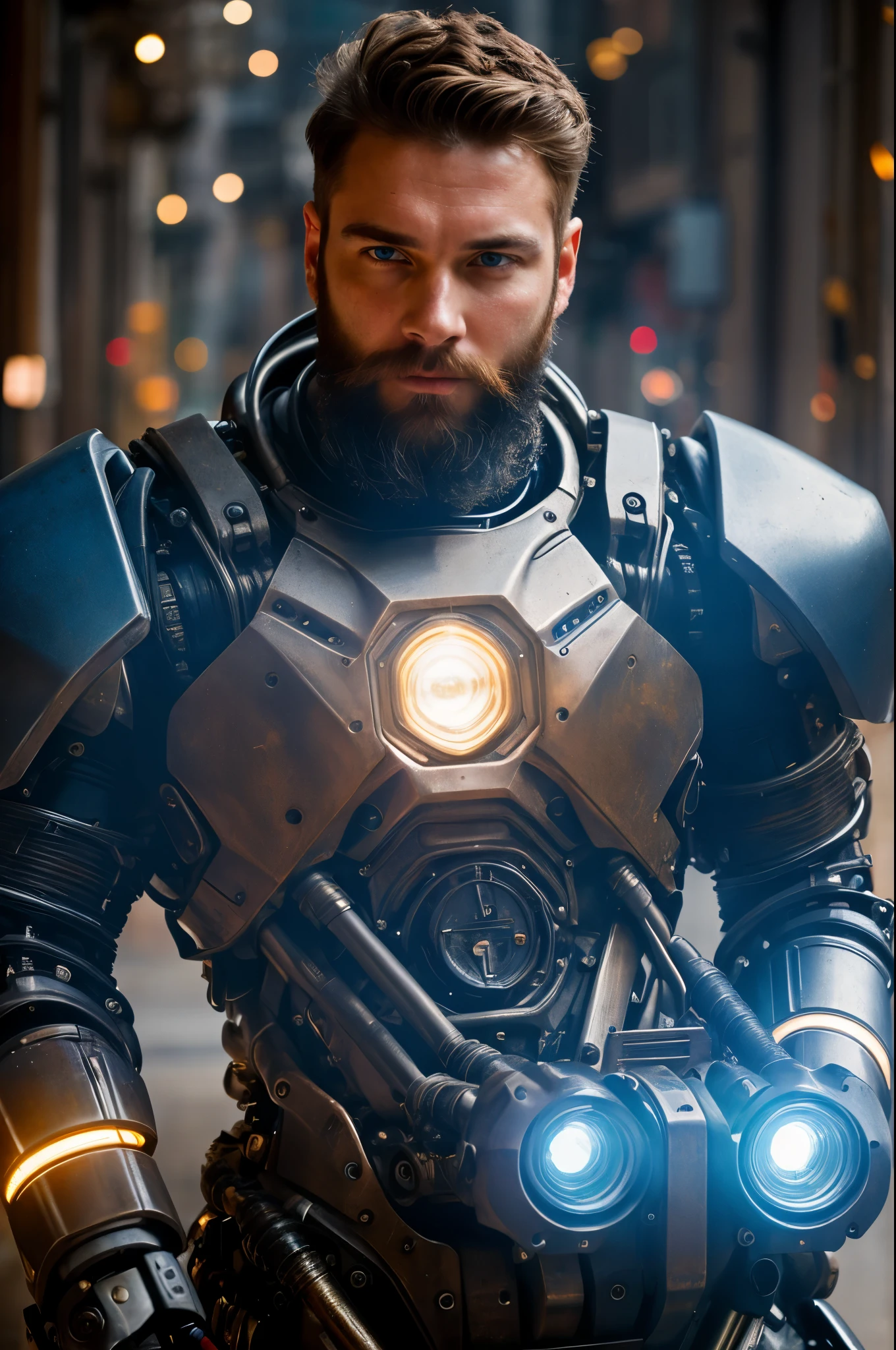Portrait photo of muscular bearded guy in a worn mech suit, ((light bokeh)), intricate, (steel metal [rust]), elegant, sharp focus, photo by greg rutkowski, soft lighting, vibrant colors, (masterpiece), ((streets)), (detailed face:1.2), (glowing blue eyes:1.1)