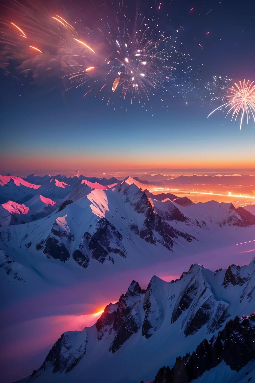 sky red alpenglow,Fireworks bloom in the sky,Plane flying over the snowy mountains of the Qinghai-Tibet Plateau,There is no one in the picture,