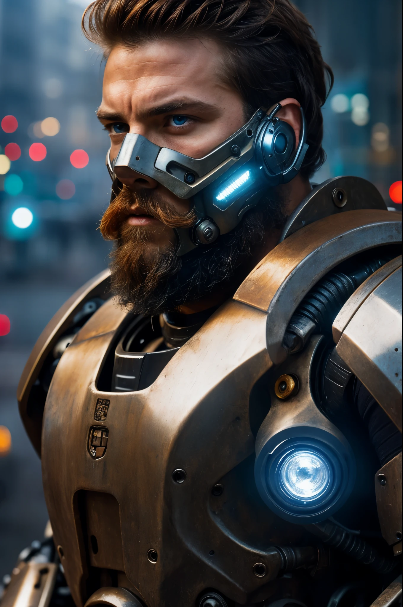 Portrait photo of muscular bearded guy in a worn mech suit, ((light bokeh)), intricate, (steel metal [rust]), elegant, sharp focus, photo by greg rutkowski, soft lighting, vibrant colors, (masterpiece), ((streets)), (detailed face:1.2), (glowing blue eyes:1.1)