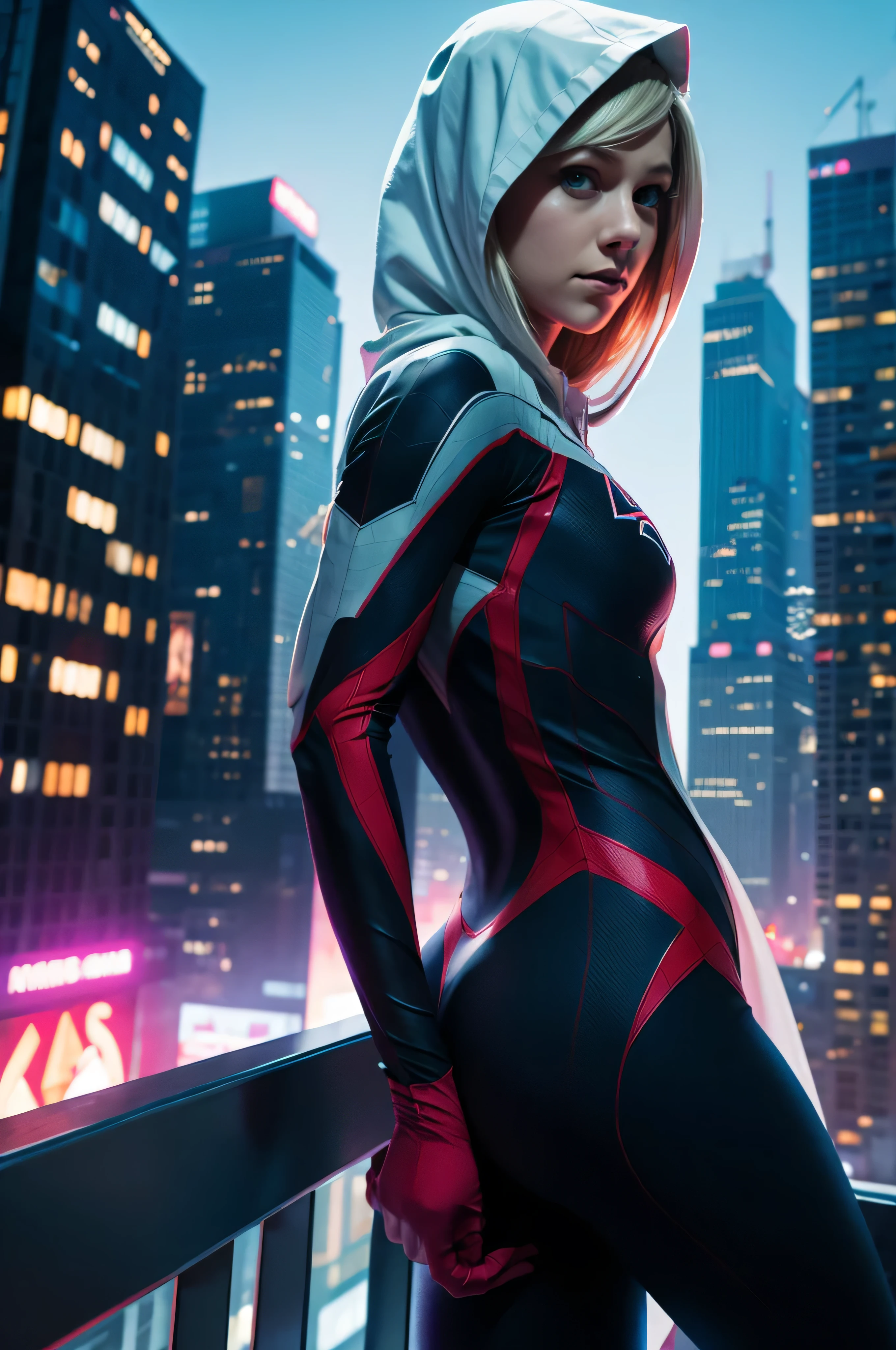 Melissa Benoist as Spider Gwen, Front Full body Shot, full body portrait, futuristic city background