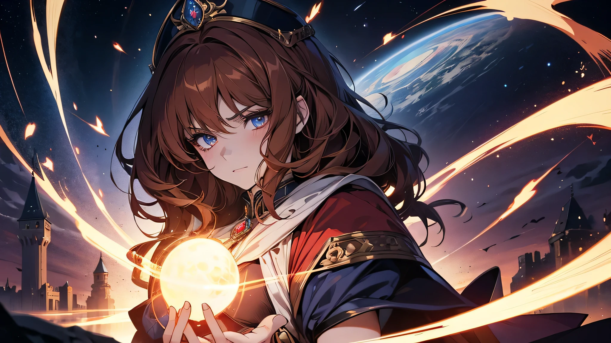 beautiful girl, thick brown hair, Fine detail, 4K, 8K, 12K, Solo, Solo, Beautiful Girl, caucasian female, Hecatia Lapis Lazuli, angry, Star Effect, magic in hand, in castle, victorian style, Valeria’s eyes became smaller, and a red line appeared faintly on the back of her right hand. A red light ran while flickering on a complex shape, which was drawn by straight lines and curves intertwining innumerably, as if it was pulsing.
