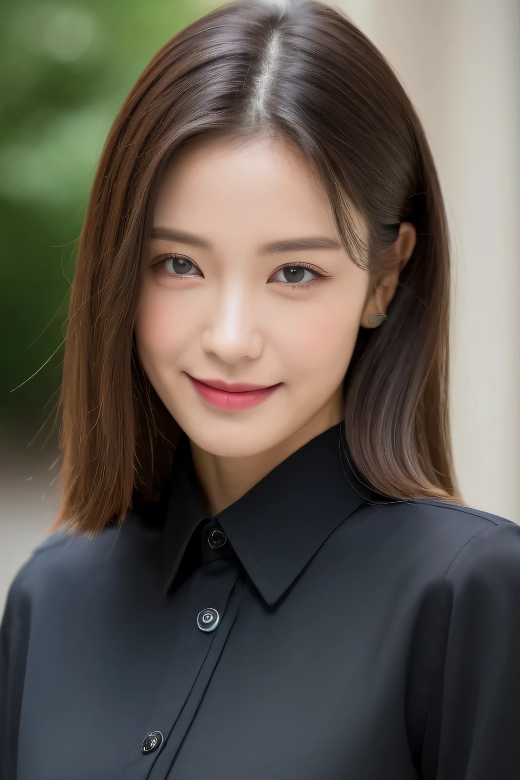 ((highest quality, 8K, masterpiece: 1.3)), sharp focus: 1.2, beautiful woman with perfect figure: 1.4, slim abs: 1.2, (layered hairstyles,: 1.2)), (Black button long shirt: 1.3), , street: 1.2、 Highly detailed face and skin texture, eyes with dense long eyelashes, lip gloss, double eyelid, big breasts, smile:1.2,