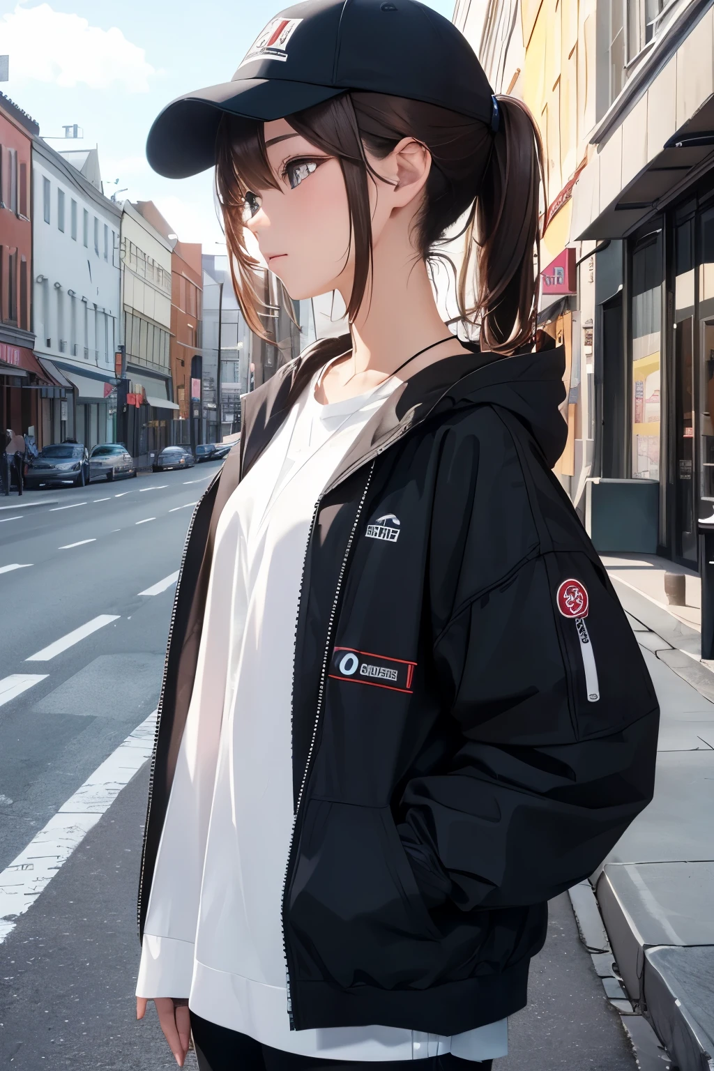 (highest quality、High resolution、8K、masterpiece:1.2、colorful)。Under a clear blue sky、A beautiful girl wearing a cap is walking in a busy downtown area where people come and go.。Looking for a photo spot in a sporty fashion with a smartphone in hand。(beautiful girl appearance:short hair、brown hair、ponytail、Photographing a building with a smartphone、)