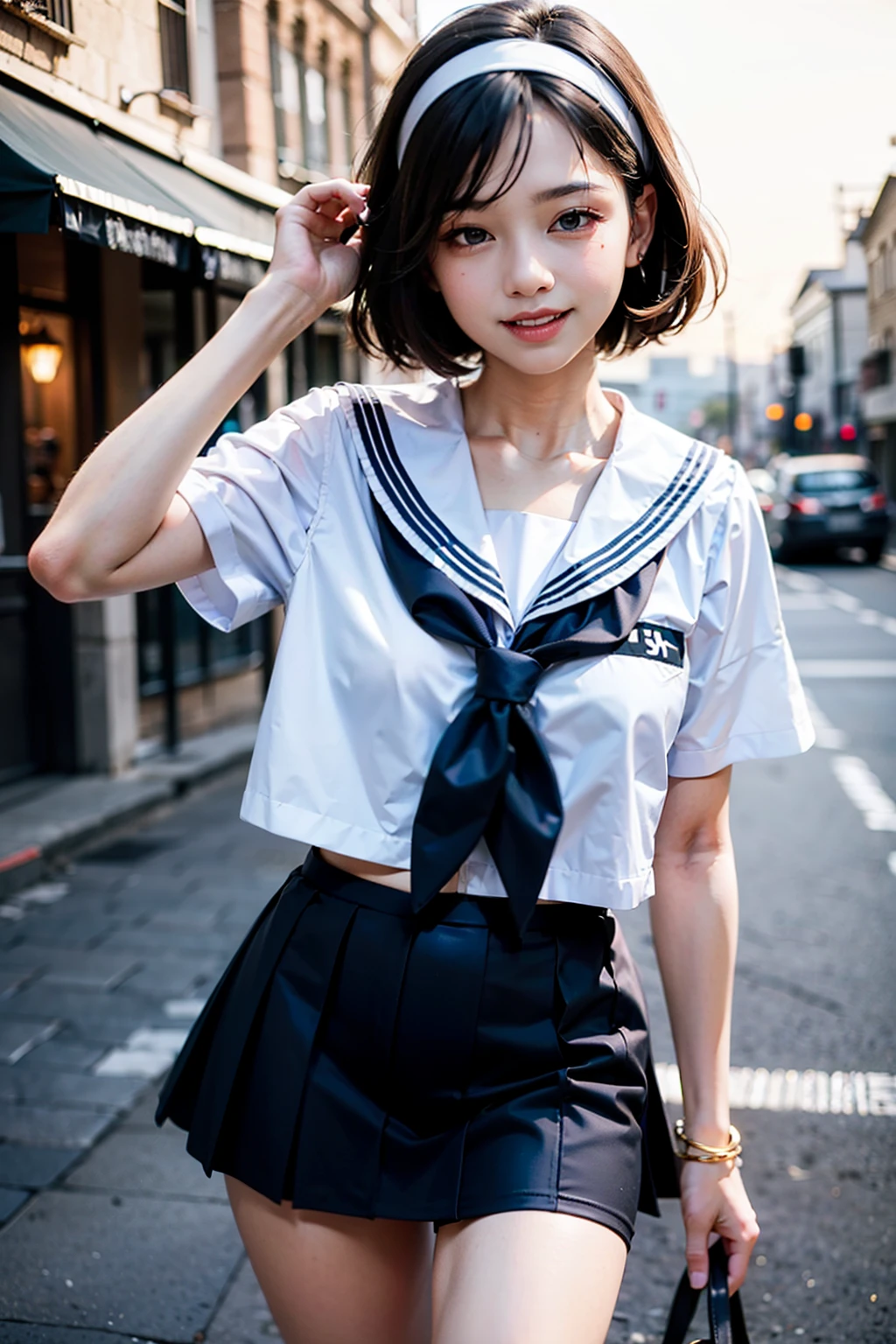 Body 8 times longer than head, (High-definition CG Unity 8K), (highest quality)，(very detailed)，(ultra high resolution), black hair, sailor suit, 紺色のsailor suit, sailor suitを着た女子高生, Dark blue skirt, anime 2d rendering, realistic young anime , ((white headband)), small breasts, tall, slanted eyes, (school scenery), black stockings, during the day, open your mouth a little, smile, bob cut, face detail drawing, small face, 