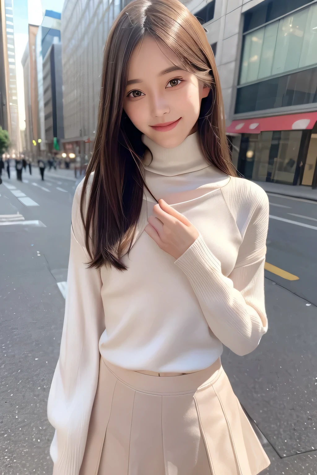 pieces fly、masterpiece、highest quality、Super detailed、High resolution、High resolution、8K portrait、unity 8k wallpaper、Detailed CG、unity 8k wallpaper、Detailed CGユニティ8kの壁紙、realistic、real person、portrait photography、shiny skin、(:1.2)、(cute:1.2)、High resolution、beautiful clear eyes、very detailed explanation、delicate face、nice lips、thin waist、thin legs、1 girl、(urban area:1.3)、(long sleeve turtleneck knit:1.3)、(flare skirt:1.3)、(big smile:1.3)、(stop temporarily:1.2)、((flat chest:1.6))