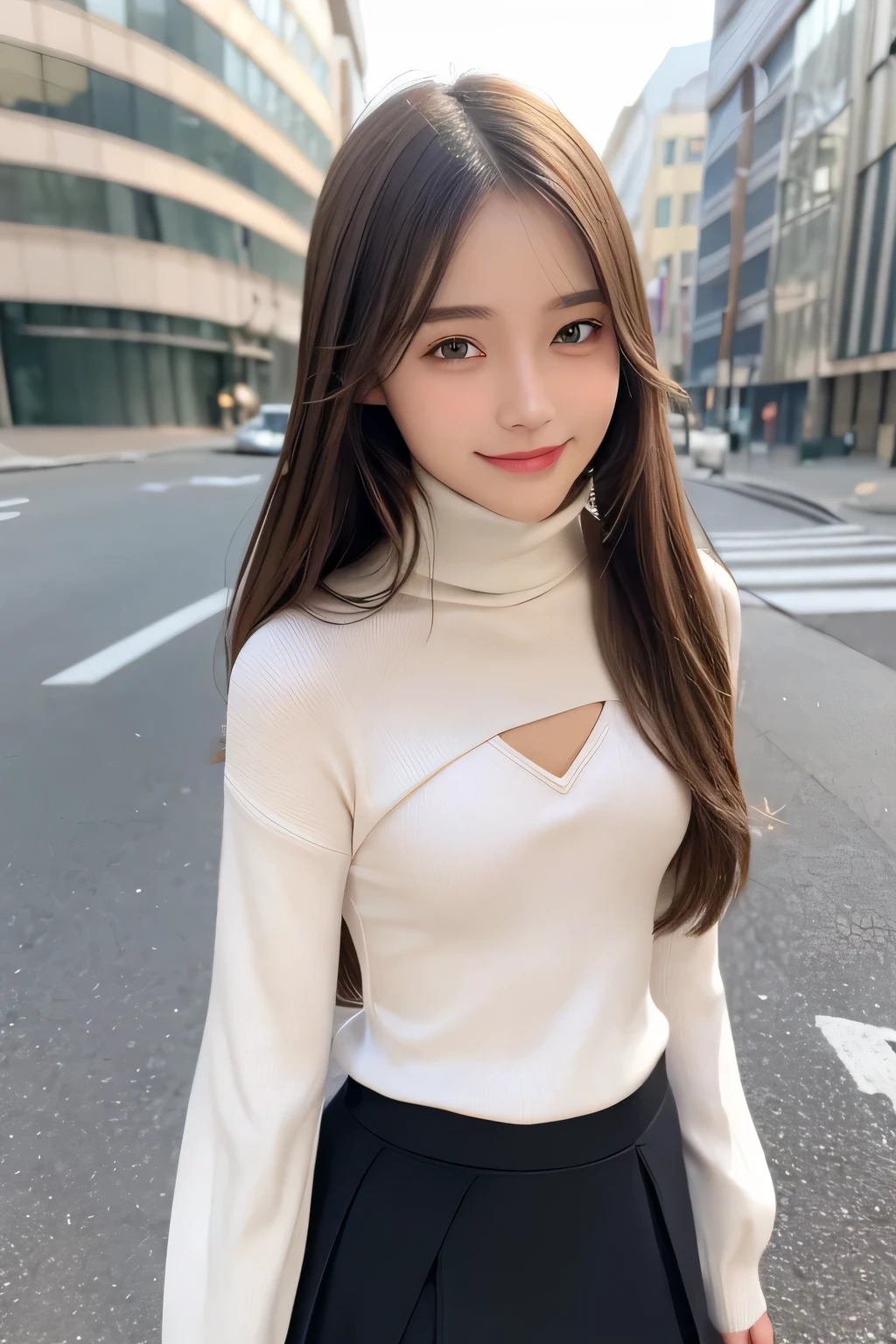 pieces fly、masterpiece、highest quality、Super detailed、High resolution、High resolution、8K portrait、unity 8k wallpaper、Detailed CG、unity 8k wallpaper、Detailed CGユニティ8kの壁紙、realistic、real person、portrait photography、shiny skin、（16 years old:1.2）、(cute:1.2)、High resolution、beautiful clear eyes、very detailed explanation、delicate face、nice lips、thin waist、thin legs、1 girl、(urban area:1.3)、(long sleeve turtleneck knit:1.3)、(flare skirt:1.3)、(big smile:1.3)、(stop temporarily:1.2)、((flat chest:1.6))