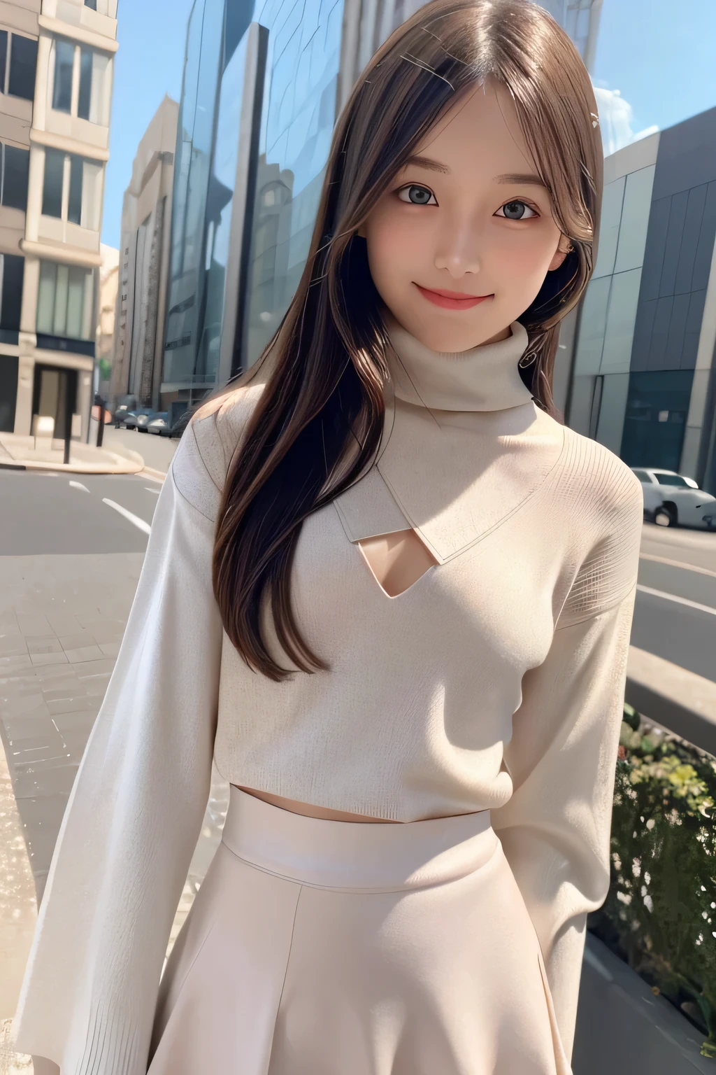 pieces fly、masterpiece、highest quality、Super detailed、High resolution、High resolution、8K portrait、unity 8k wallpaper、Detailed CG、unity 8k wallpaper、Detailed CGユニティ8kの壁紙、realistic、real person、portrait photography、shiny skin、（16 years old:1.2）、(cute:1.2)、High resolution、beautiful clear eyes、very detailed explanation、delicate face、nice lips、thin waist、thin legs、1 girl、(urban area:1.3)、(long sleeve turtleneck knit:1.3)、(flare skirt:1.3)、(big smile:1.3)、(stop temporarily:1.2)、((flat chest:1.6))