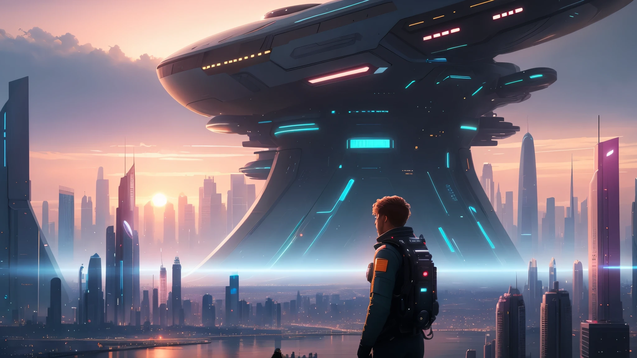 a man standing on a path looking at a city with a sunset in the background, in a future city, beautiful city of the future, depicted as a scifi scene, in front of a sci fi cityscape, futuristic setting, futuristic world, in fantasy sci - fi city, science fiction city, greg beeple, city of the future, in a futuristic city