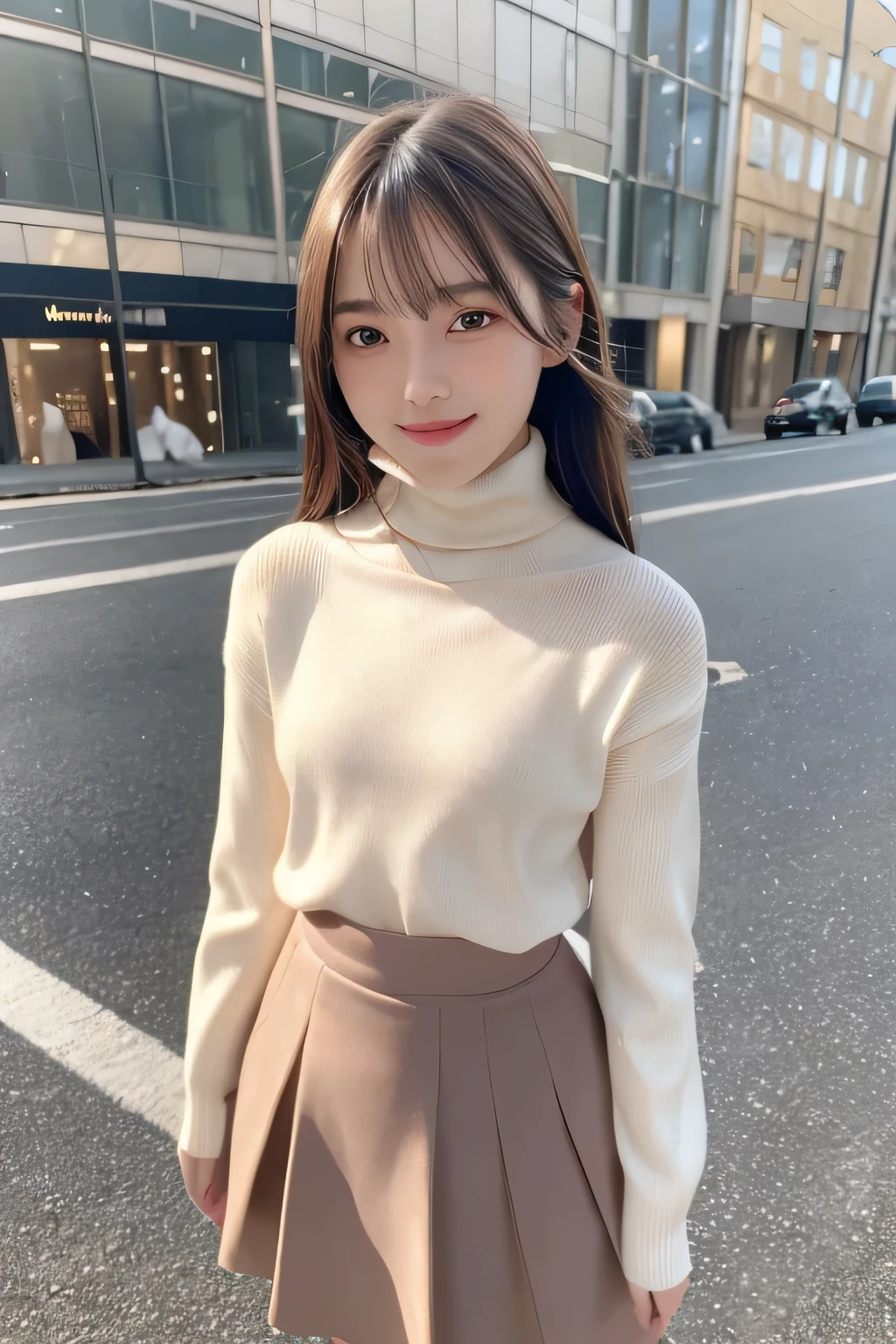 pieces fly、masterpiece、highest quality、Super detailed、High resolution、High resolution、8K portrait、unity 8k wallpaper、Detailed CG、unity 8k wallpaper、Detailed CGユニティ8kの壁紙、realistic、real person、portrait photography、shiny skin、(16 years old:1.2)、(cute:1.2)、High resolution、beautiful clear eyes、very detailed explanation、delicate face、nice lips、thin waist、thin legs、1 girl、(urban area:1.3)、(long sleeve turtleneck knit:1.3)、(flare skirt:1.3)、(big smile:1.3)、(stop temporarily:1.2)、((flat chest:1.6))