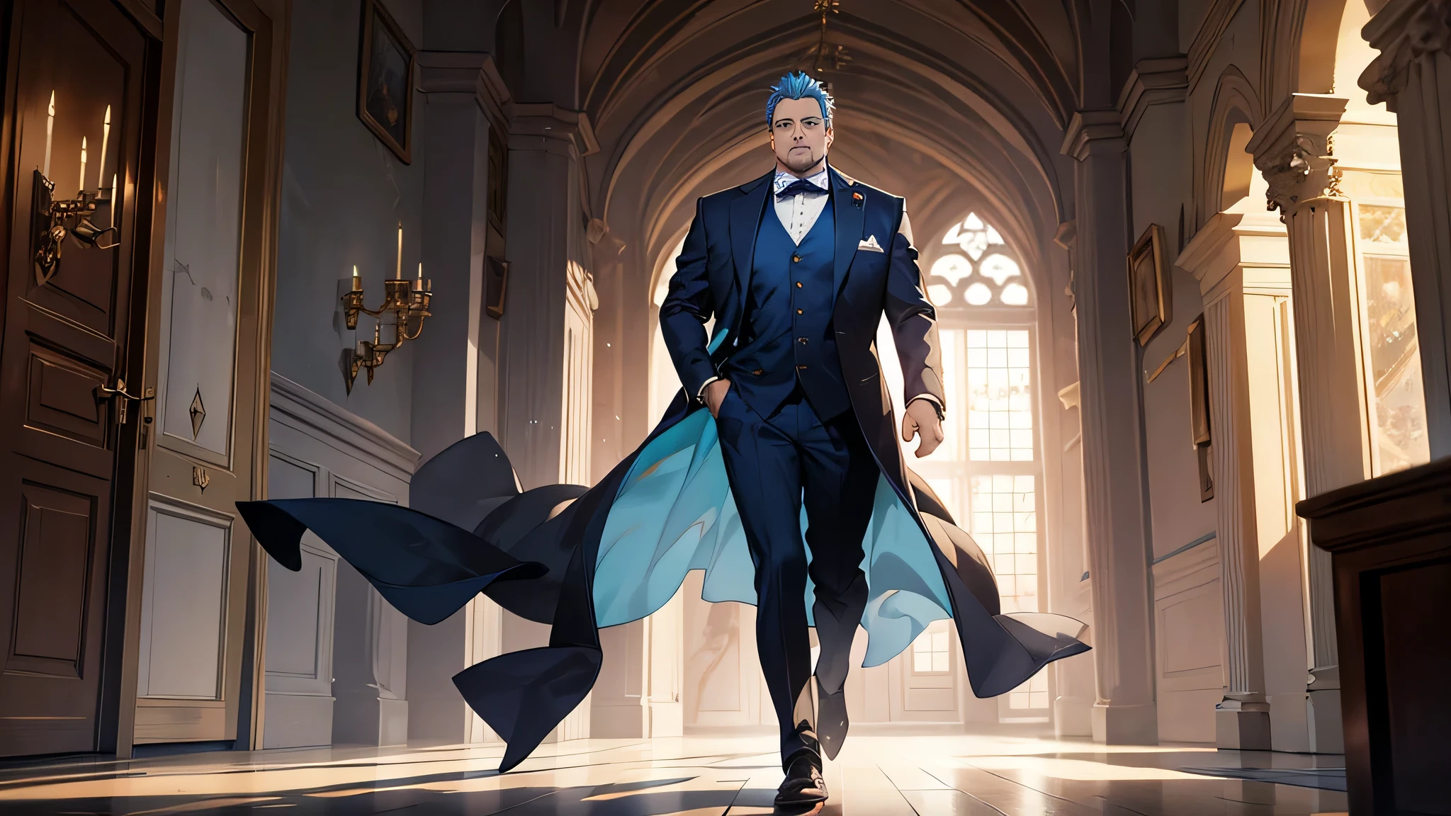 1 man, middle aged man, detailed face, chubby man, black suit, running in hallway, Robe blanche, pantalon arabe de couleur blanche, Chemisier noble bleu clair, bottes blanches, Messy light blue hair, Regard de satisfaction, Cheveux courts, dark blue eyes, apparence noble, tenant une lance en argent, Old castle, Medieval setting, Dragging out a short scream, the man’s presence and footsteps faded away from the other side of the doors