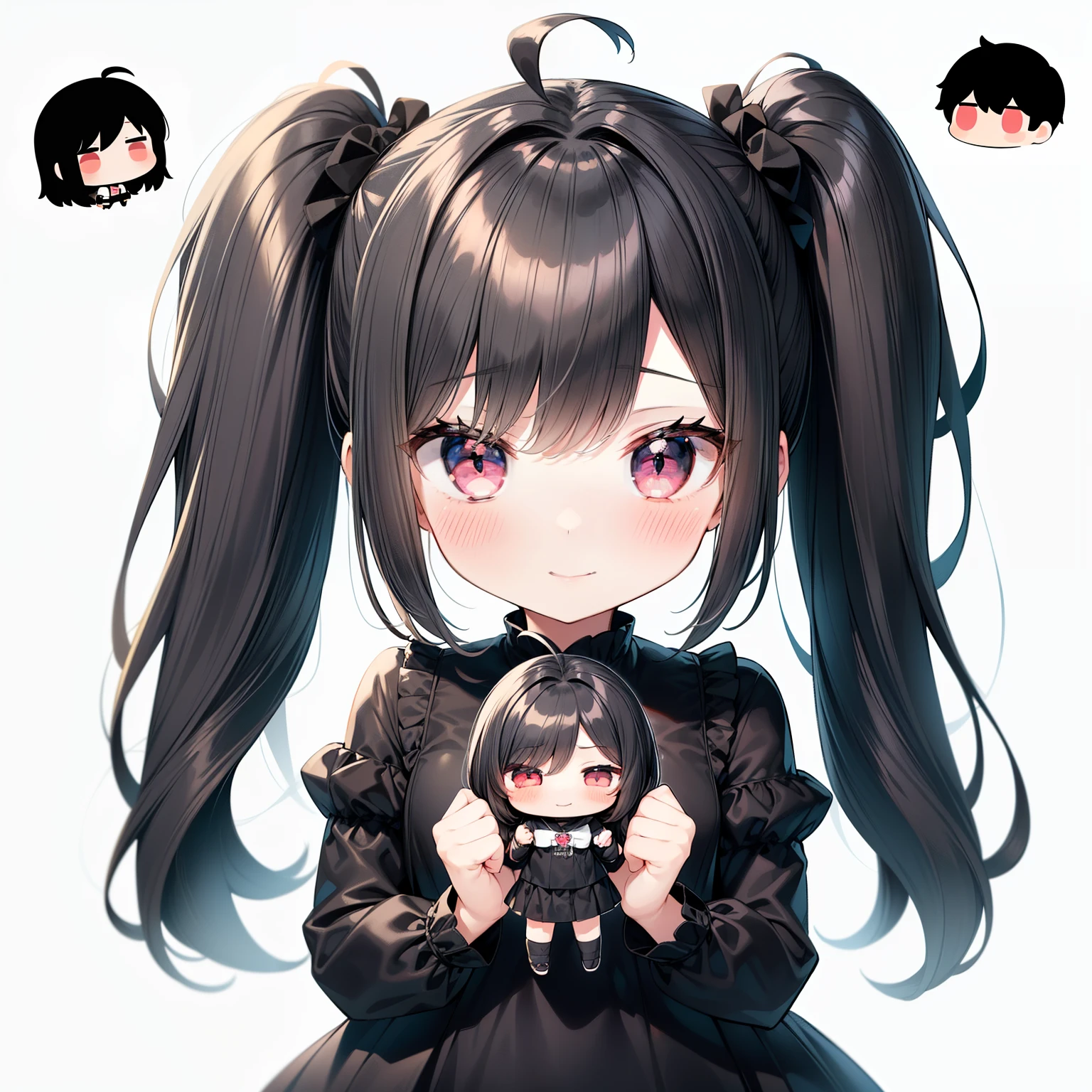 highest quality, very detailed, (black dress), (((with a girl))), (((alone))), Happy, (black twin-tails), black eye, whole body, ((I have a boy doll that I can hold in one hand.))), Ahoge, (((deformed))), (((chibi character))), , (Simple white background,
