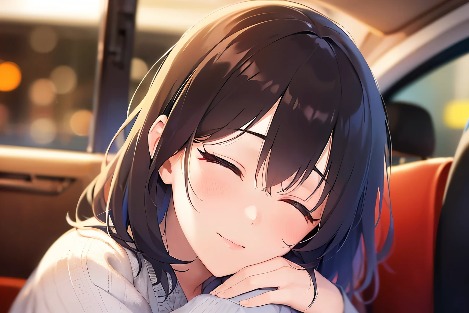 Tilting head, cinematic angle, real person, RAW photo, photorealistic, portrait photography, shiny skin, japanese idol, 25 year old woman with bangs、(medium hair) and (brown hair), white V-neck Blouse, cleavage, sleeping、(closed eyes:1.2), The background is a taxi seat、Alone、Upper body is shown