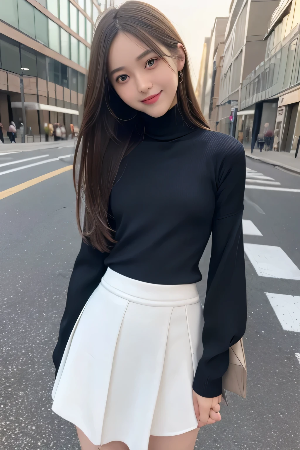 pieces fly、masterpiece、highest quality、Super detailed、High resolution、High resolution、8K portrait、unity 8k wallpaper、Detailed CG、unity 8k wallpaper、Detailed CGユニティ8kの壁紙、realistic、real person、portrait photography、shiny skin、(16 years old:1.2)、(cute:1.2)、High resolution、beautiful clear eyes、very detailed explanation、delicate face、nice lips、thin waist、thin legs、1 girl、(urban area:1.3)、(long sleeve turtleneck knit:1.3)、(flare skirt:1.3)、(big smile:1.3)、(stop temporarily:1.2)、((flat chest:1.6))