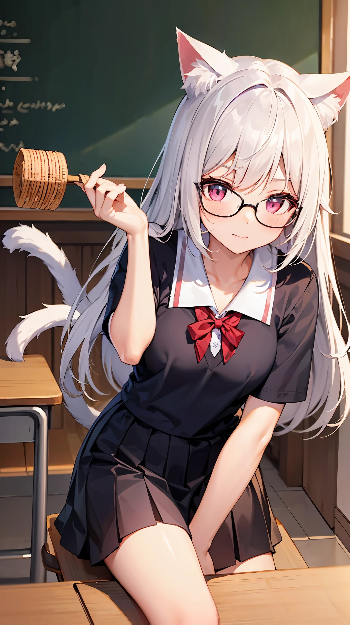 cat girl, cat tail, cat ears, white hair, long hair, pink eyes, wearing glasses, holding rattan, become a teacher, school uniform, firm