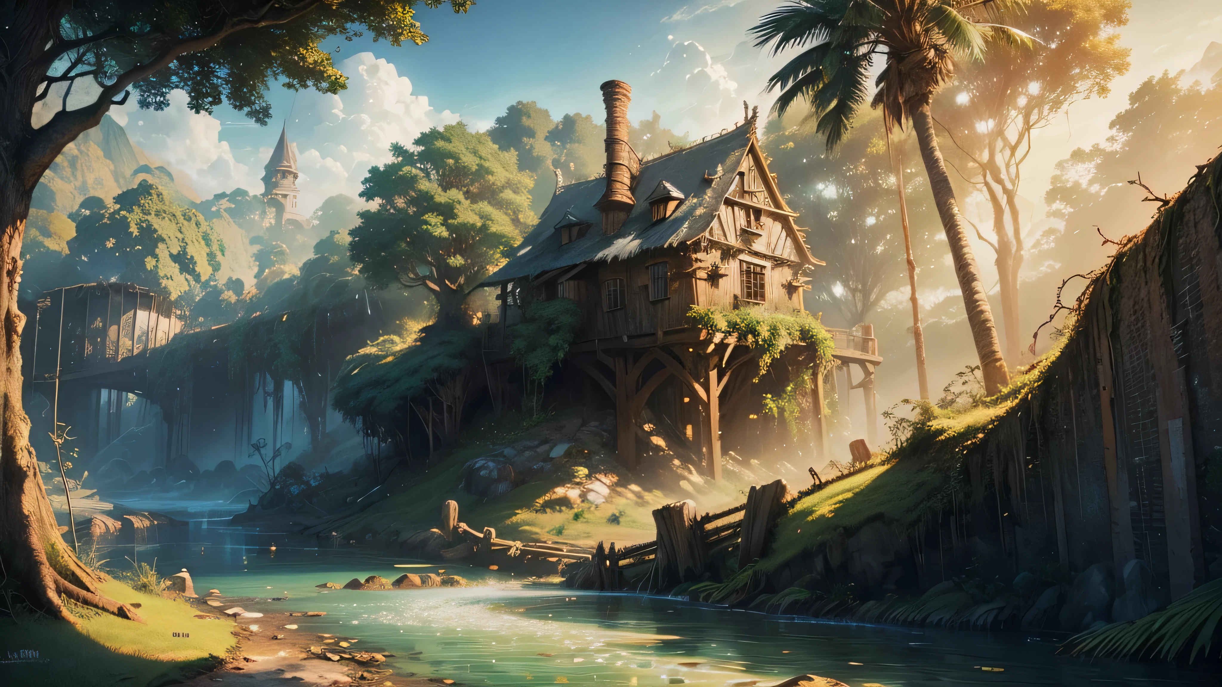 Gigantic colorful trees with many vines, Palmeiras, Coqueiro, fallen logs, a watermill with a waterwheel, moinho de vento, uma cachoeira exuberante, rio com grandes pedras hiper-realistas, sky with clouds, sol, Lua, global illumination, profundidade de campo,  Efeito vidro quebrado, sem fundo, splendid, algo que nem existe, Being mythical, energia, molecular, Texturas, iridescente e luminescente, breathtaking beauty, pure perfection, Divine Presence, unforgettable, Impressionante, breathtaking beauty, volumetric light, auras, raios, cores vivas refletemlight, auras, raios, cores vivas refletem, aquarela, oil color, trends on artstation, sharp focus, studio photo, detalhes intrincados, altamente detalhado,
