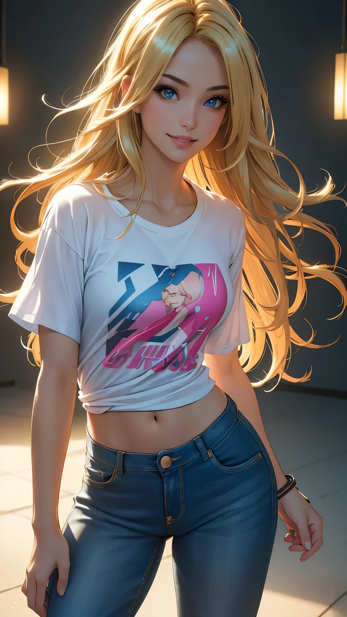 (best quality,ultra-detailed,photo-realistic:1.37),bright and vibrant colors,studio lighting,playful expression,stylish makeup,long blonde hair flowing in the wind,alluring eyes,glossy lips,sexy pose,Jean and t shirt, party, smiling in a confident and seductive way,posing for a professional photoshoot,shallow depth of field,highlighting the main subject,soft natural lighting,creating a dreamy and magical atmosphere.